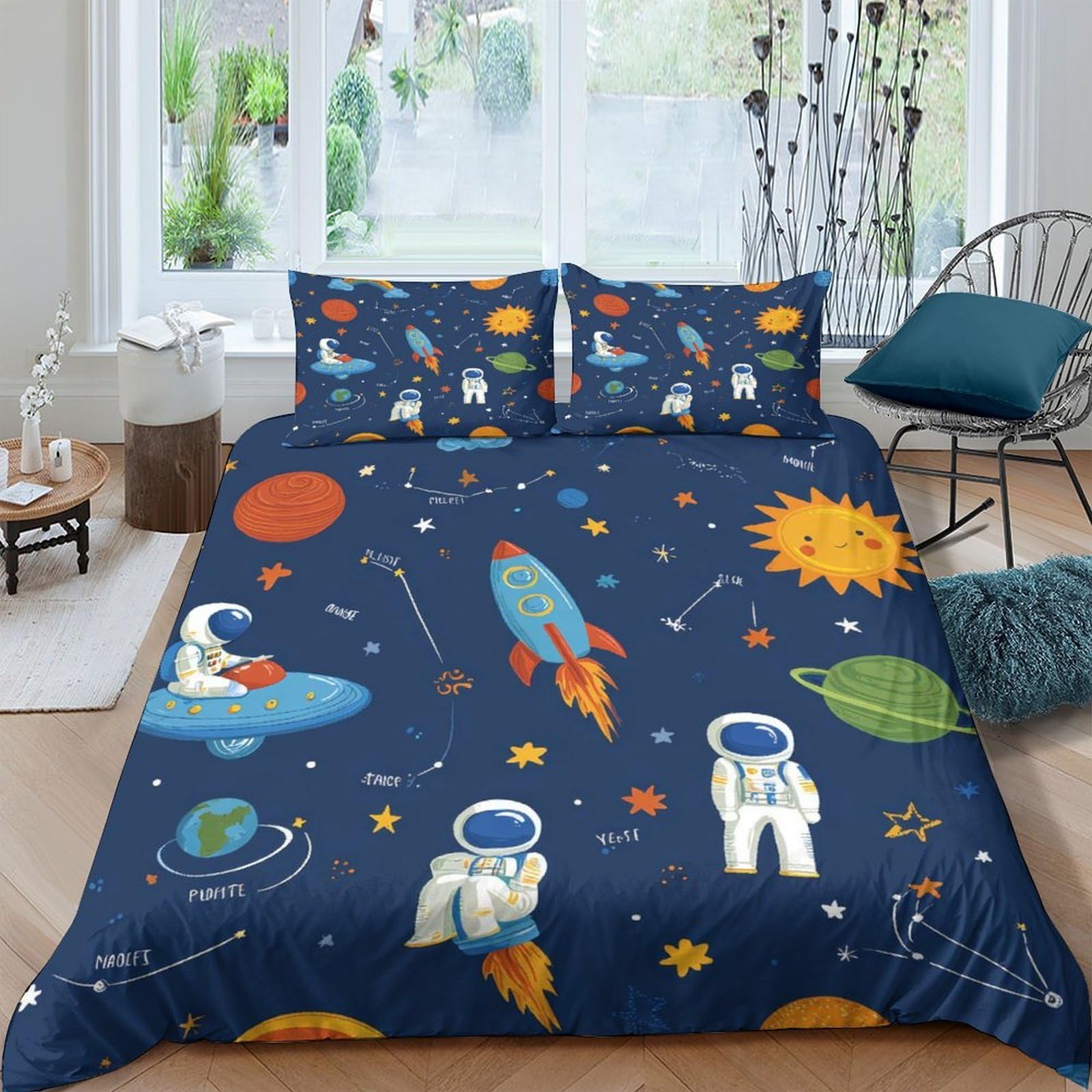 Ctjqhvkz Style-6 3D Printed Space Rocket Fitted Sheet Microfiber Soft Astronaut Planet Bed Cover For Bedroom Dorm Mattress Decor Single（135X200cm）