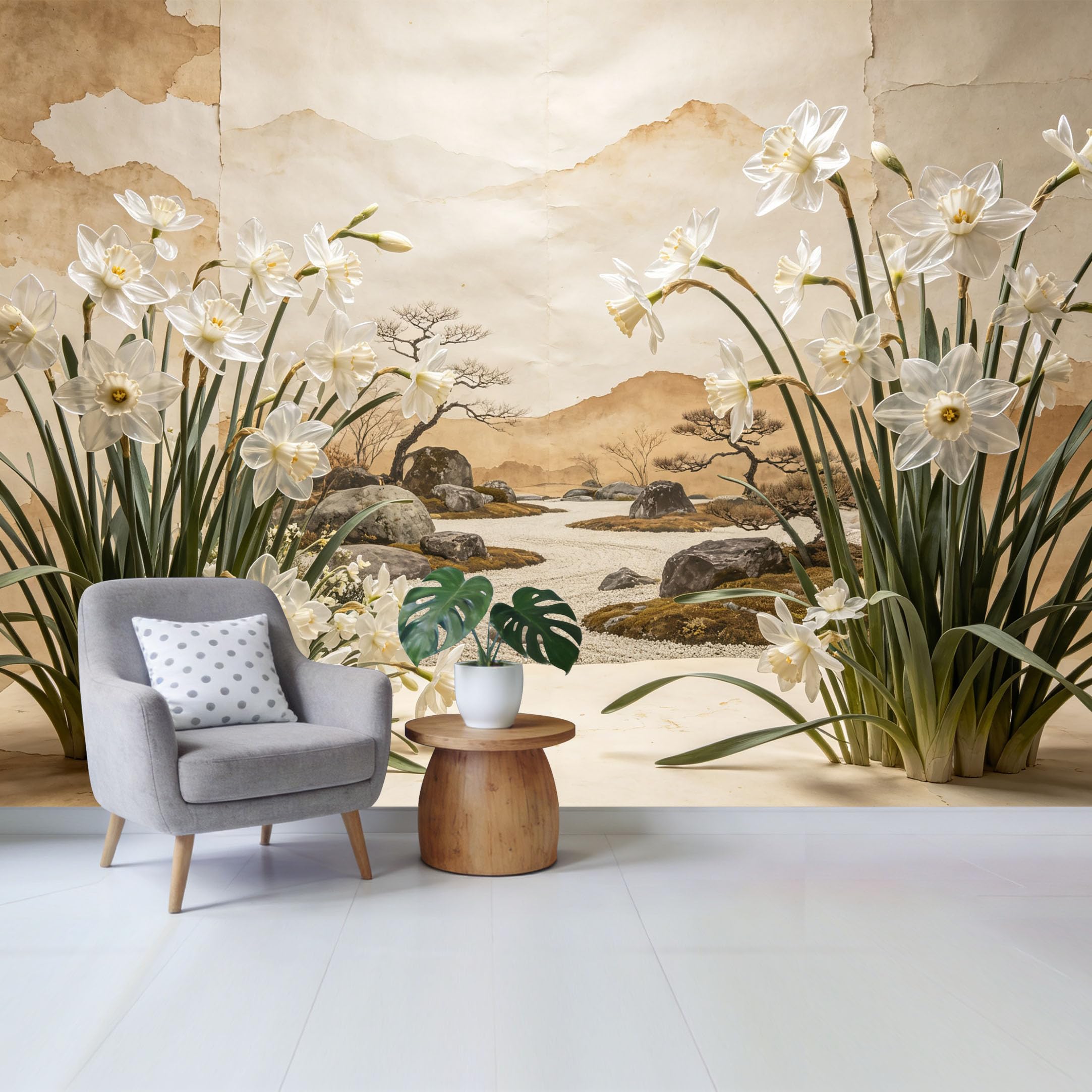 Qzlithotic Yq2605250708 Custom Size Wall Mural Zen White Daffodil Flower Japanese Rock Garden Botanical Watercolor Selfadhesive Wall Fabric Removable Wallpaper For Home Office Decor
