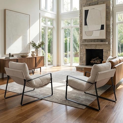 Miniatura 5 de LukeAlon - Sillas de acento modernas de lino, juego de 2, sillas tapizadas suaves para sala de estar con base de metal, cojín grueso removible,
