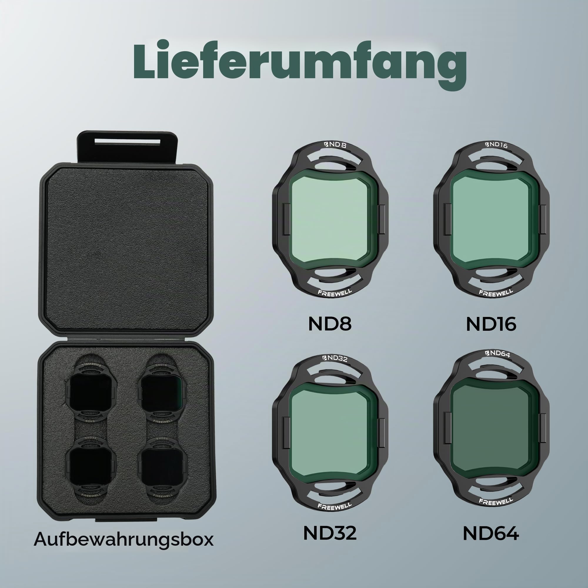 Freewell ND-Filter 4er-Pack für DJI O4 Air Unit Pro - ND8, ND16, ND32, ND64 - Reduzieren Sie die Verschlusszeit für reibungslose, filmische Aufnahmen