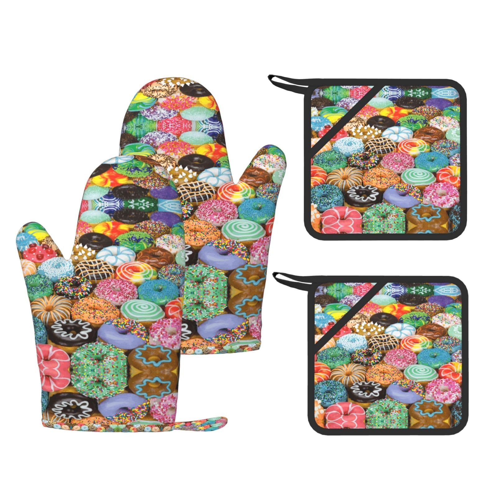 Donuts Trendy Printed Kitchen Set with Heat Resistant Gloves & Non-Slip Hot Pads for Baking & Grilling