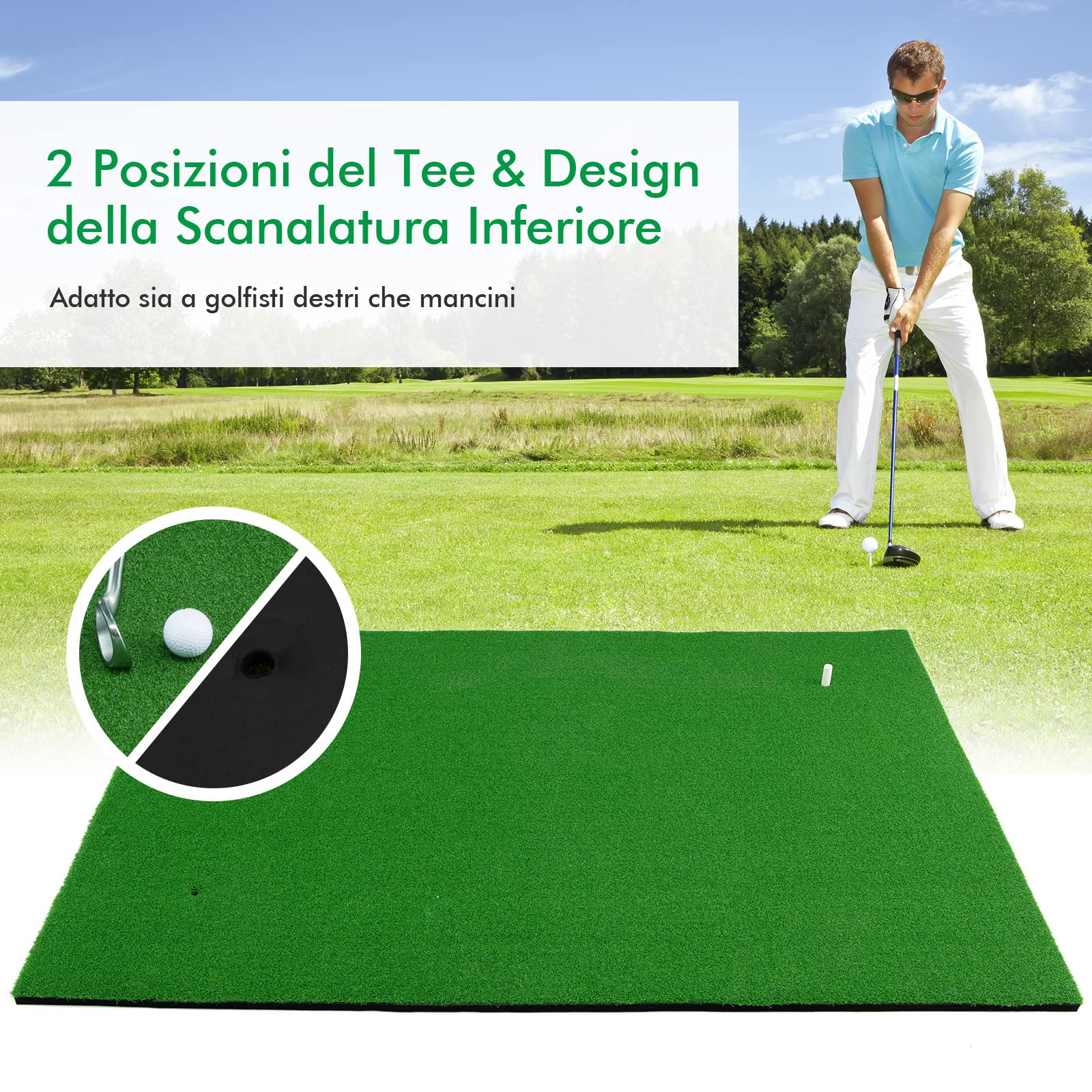 COSTWAY Tappetino da Golf Pratica 150 x 100 x 2,7 CM, Tappetino per Allenamento Golf con Erba Sintetica e 2 Fori, 3 Tee, Putting Mat Green per Uso Interno ed Esterno
