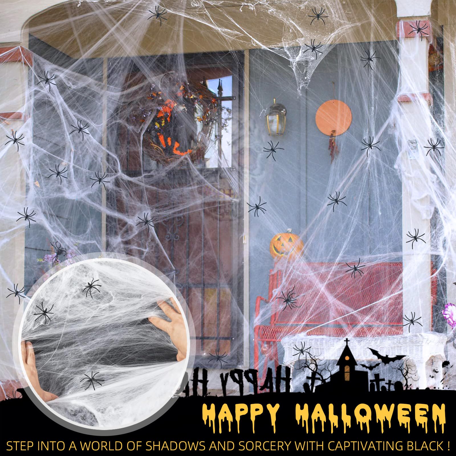 Decorazioni Halloween Ragnatele E Ragni - 100g Ragnatela Elastica + 30 Ragni Finti | Per Interni/Esterni - Foto 5