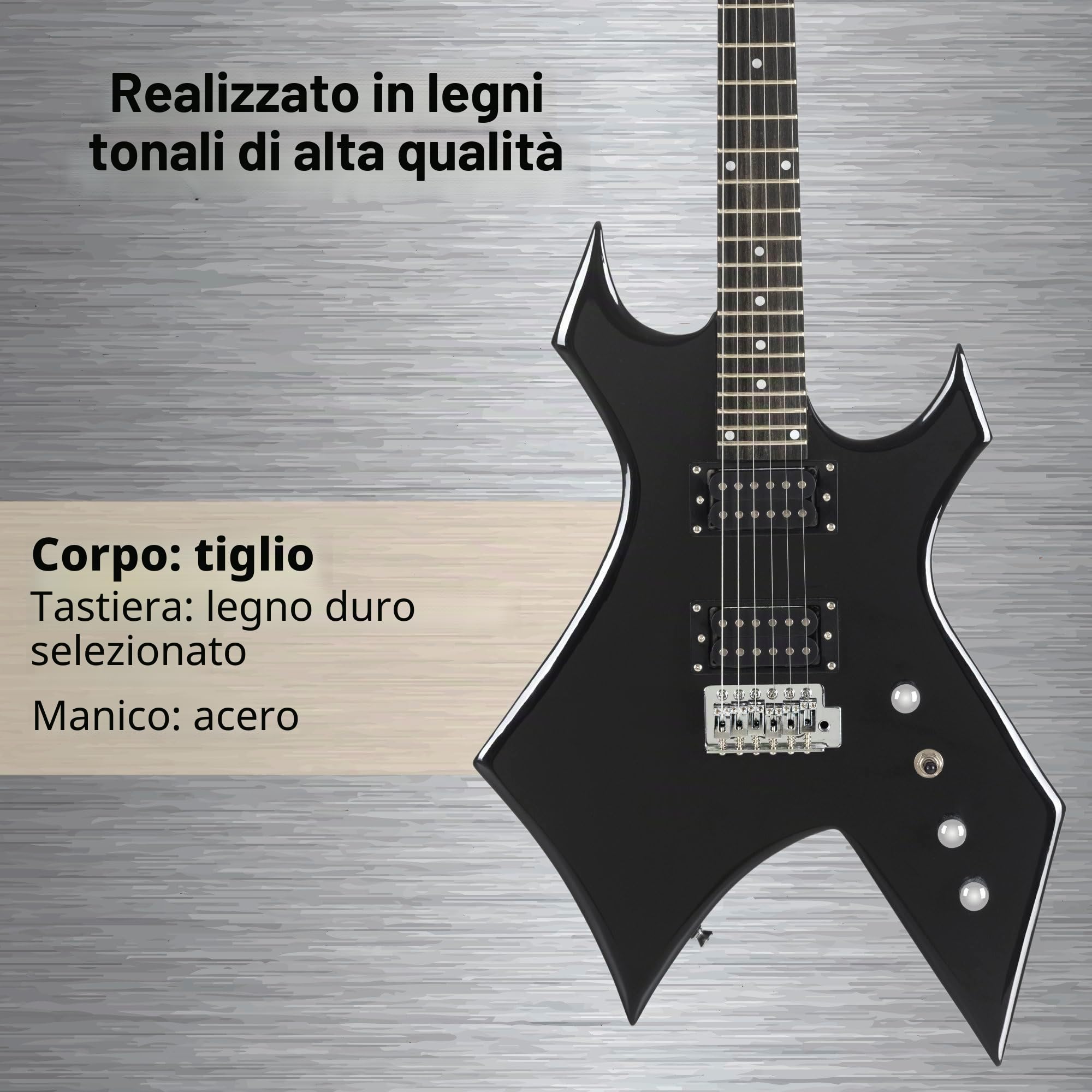Rocktile Warhead Chitarra Elettrica AK20G Set, Modello: Warhead, Peso: 3 | Corpo: Tiglio, Manico: acero avvitato, 2 pickup humbucker, 24 tasti medi, Tastiera in legno duro selezionato, Inlays: Dot