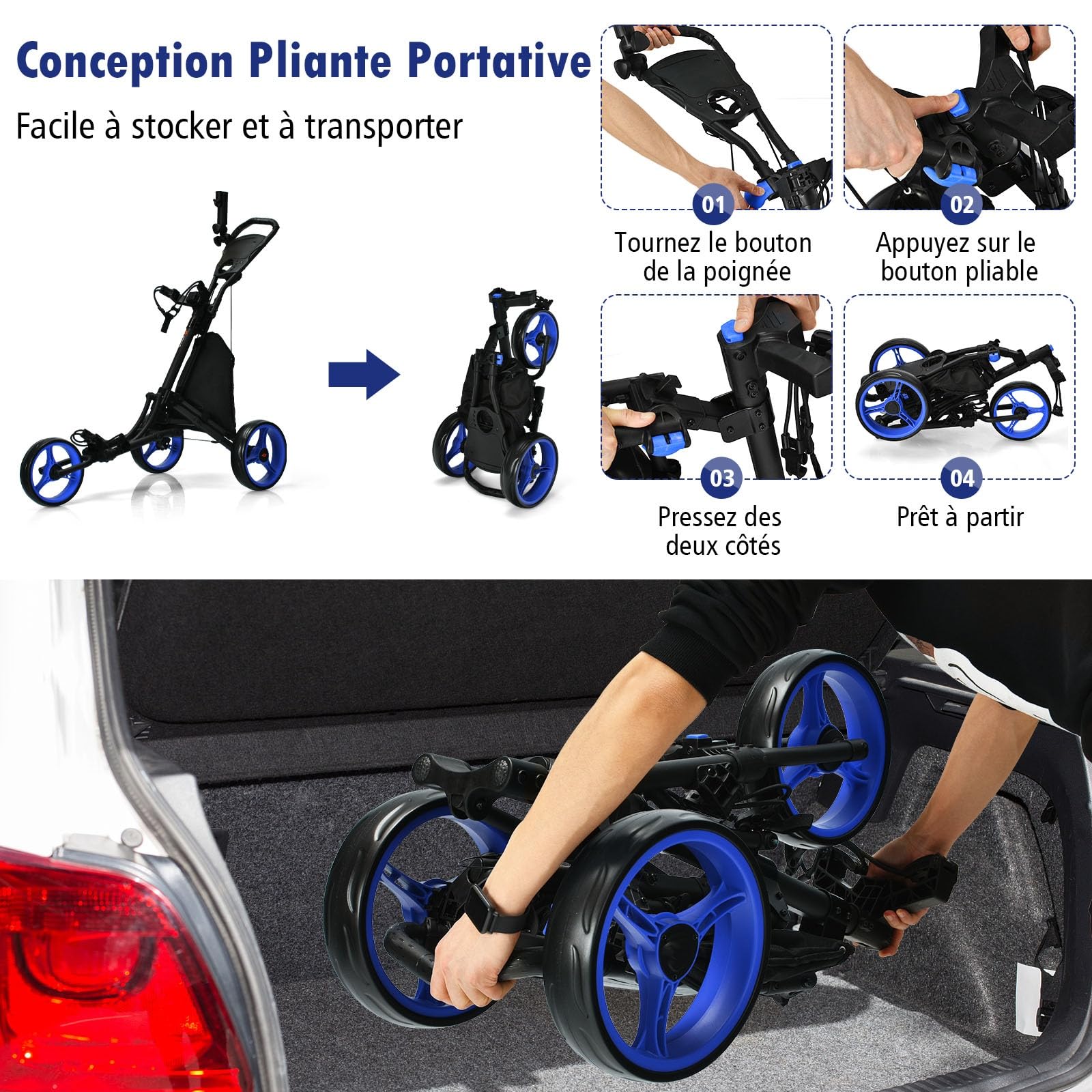 GYMAX Chariot de Golf à 3/4 Roues, Caddie de Golf Pliable Manuel, Porte-Sac, Porte-Parapluie, Cadre Robuste en Aluminium Pliable, Poignée Réglable, Tableau d'Affichage, Porte-Boisson