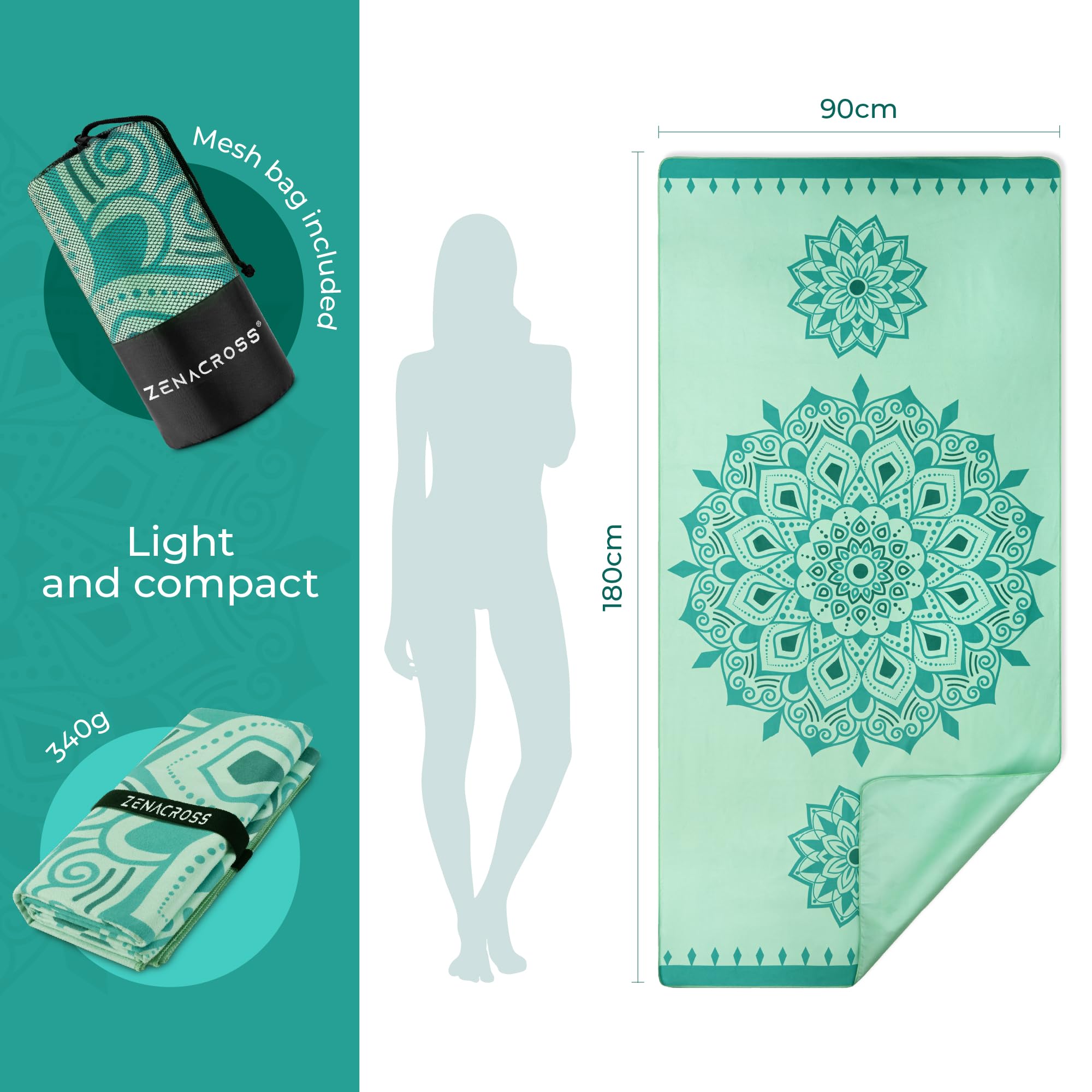Ręcznik plażowy z mikrofibry - Szybkoschnący i odporny na piasek - Ręcznik plażowy XXL 90x180 cm - Kompaktowy i lekki - Ręcznik basenowy - Mandala Turkus