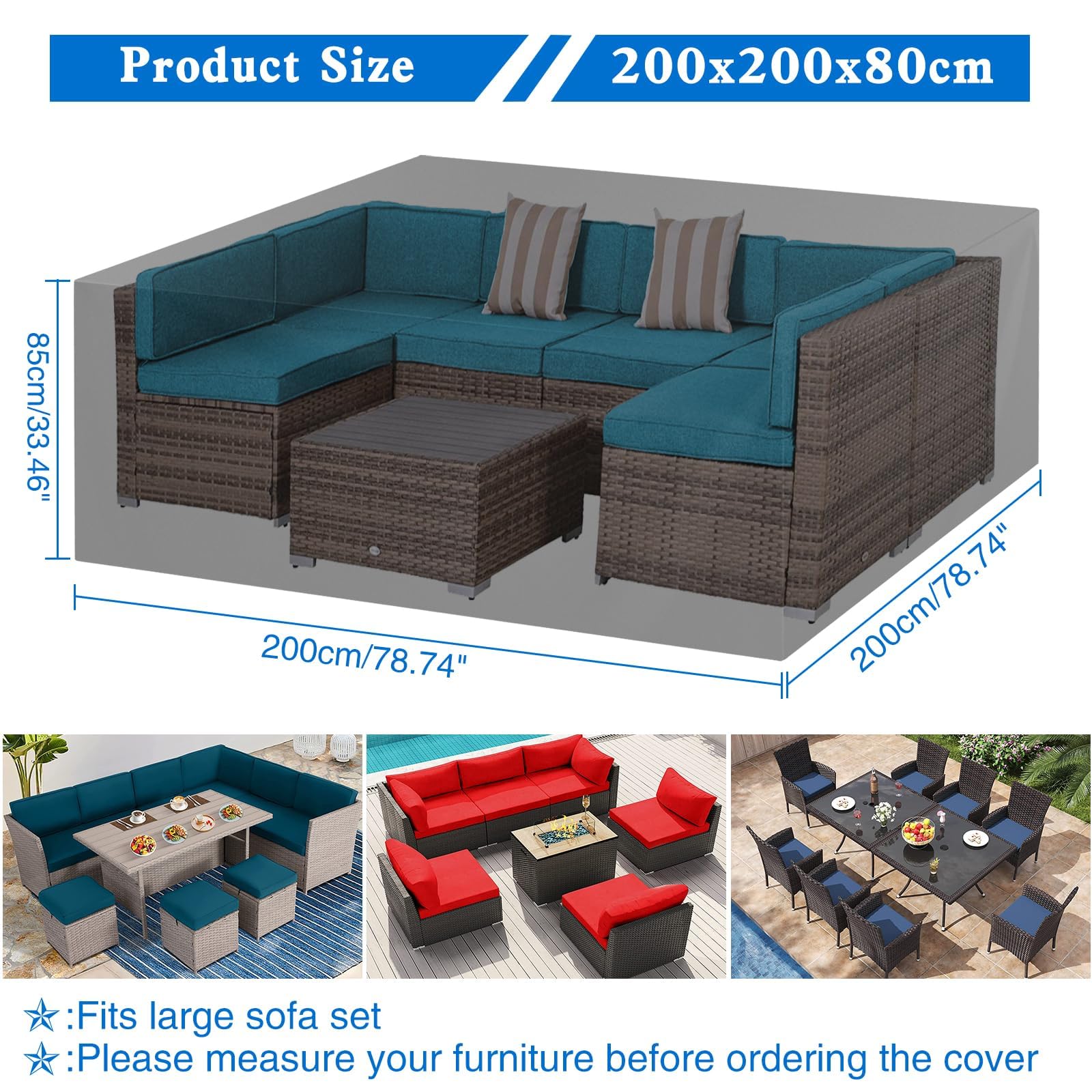 Funda para Mesa Jardín Exterior Impermeable, 420D Oxford Funda Protectora Muebles Jardín Terraza Resistente al Viento Nieve Sol, Cubierta Mesa Jardín Exterior Anti-UV 200x200x85cm