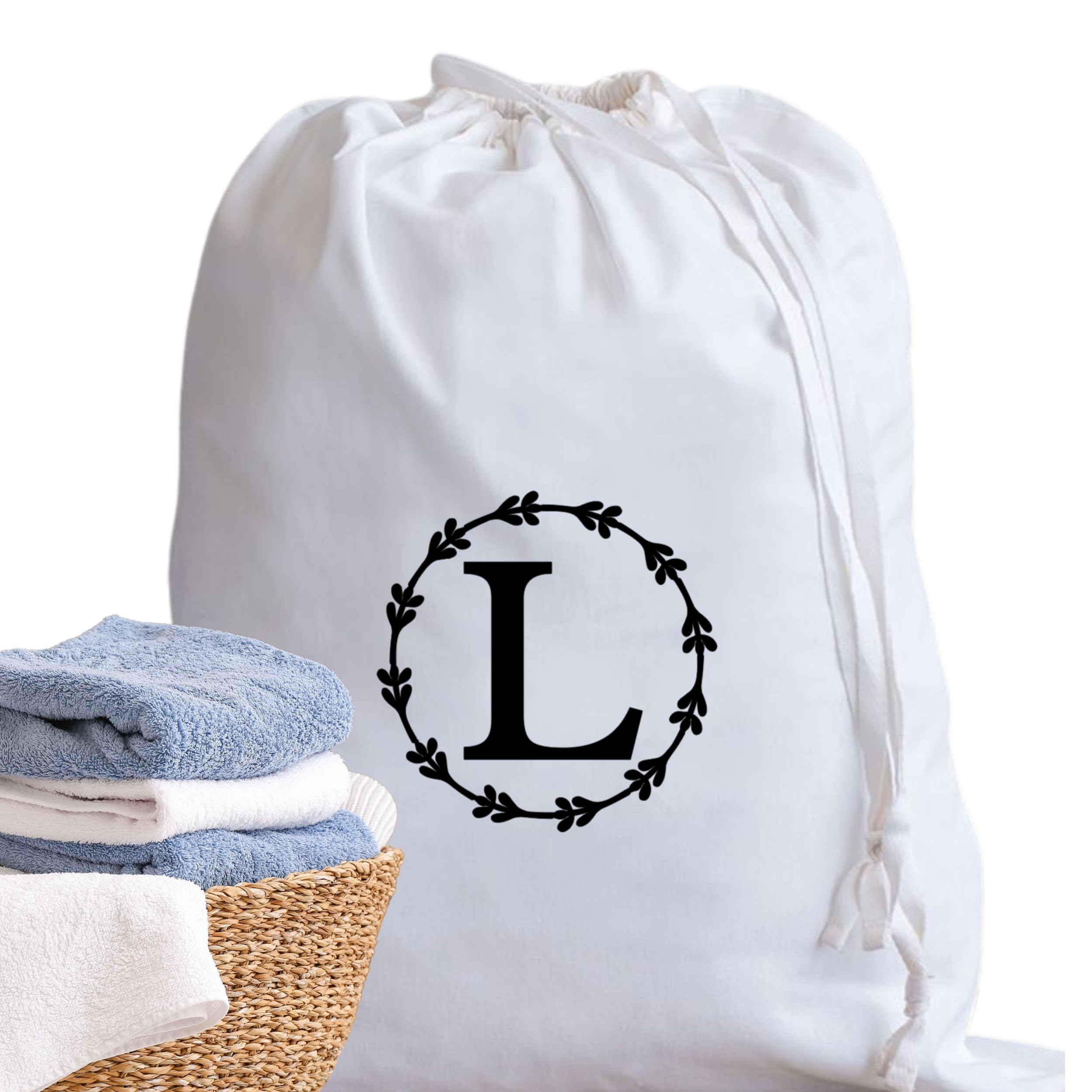 A-Z Cotton Laundry Bag Personalised Initial Gifts - Holiday Essentials Bathroom Accessory Dry Bag Drawstring Bags for Travel Camping University Essentials Personalised Gift Monogram L