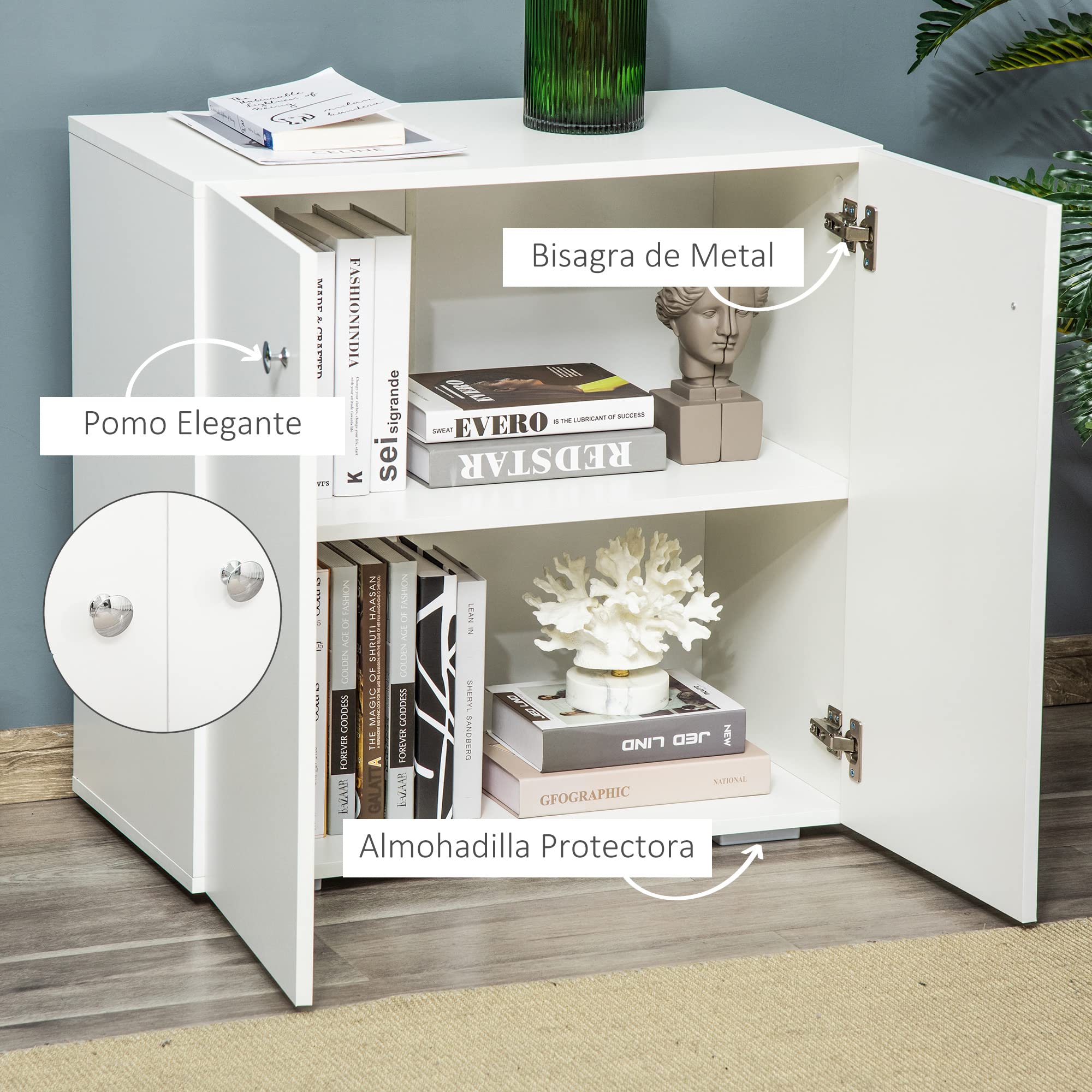 HOMCOM Aparador de Salón con 2 Puertas Armario Pequeño 70x39x70 cm Blanco | 2 Estantes, Libros Ropa Juguetes, Estilo Moderno, Armario Auxiliar