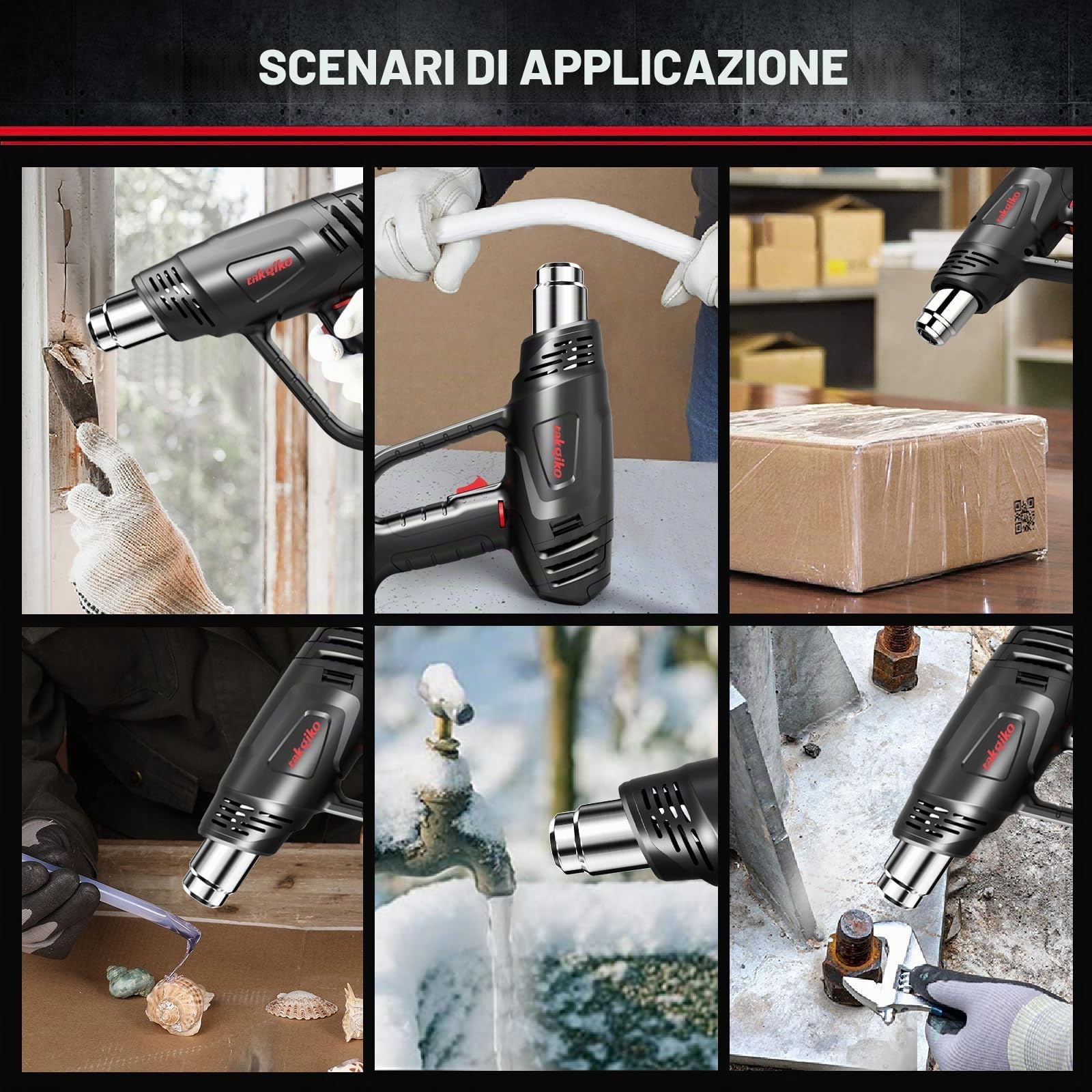 Pistola ad aria calda da 2000 W, 50 ℃ ~ 650 ℃ ad alte prestazioni, con protezione da surriscaldamento, 2 impostazioni del flusso d'aria con 3 ugelli, 1 raschietto per colore, riscaldamento