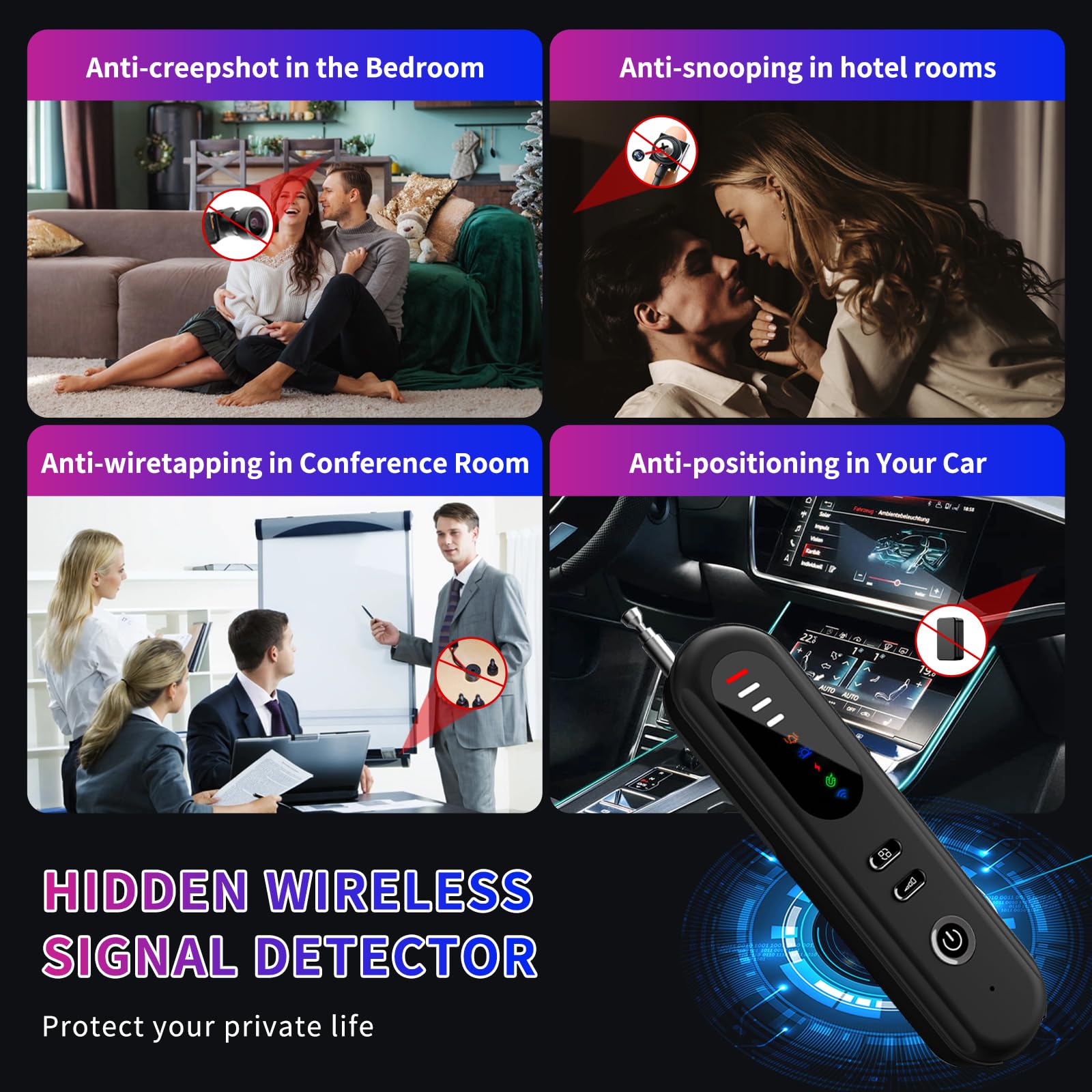 Detecteur de Camera, Détecteur de Caméra Cachée, Scanner de Signal sans Fil RF, Anti-Espion GPS Tracker Scanner Détecter pour Bureau, Hôtel, Maison