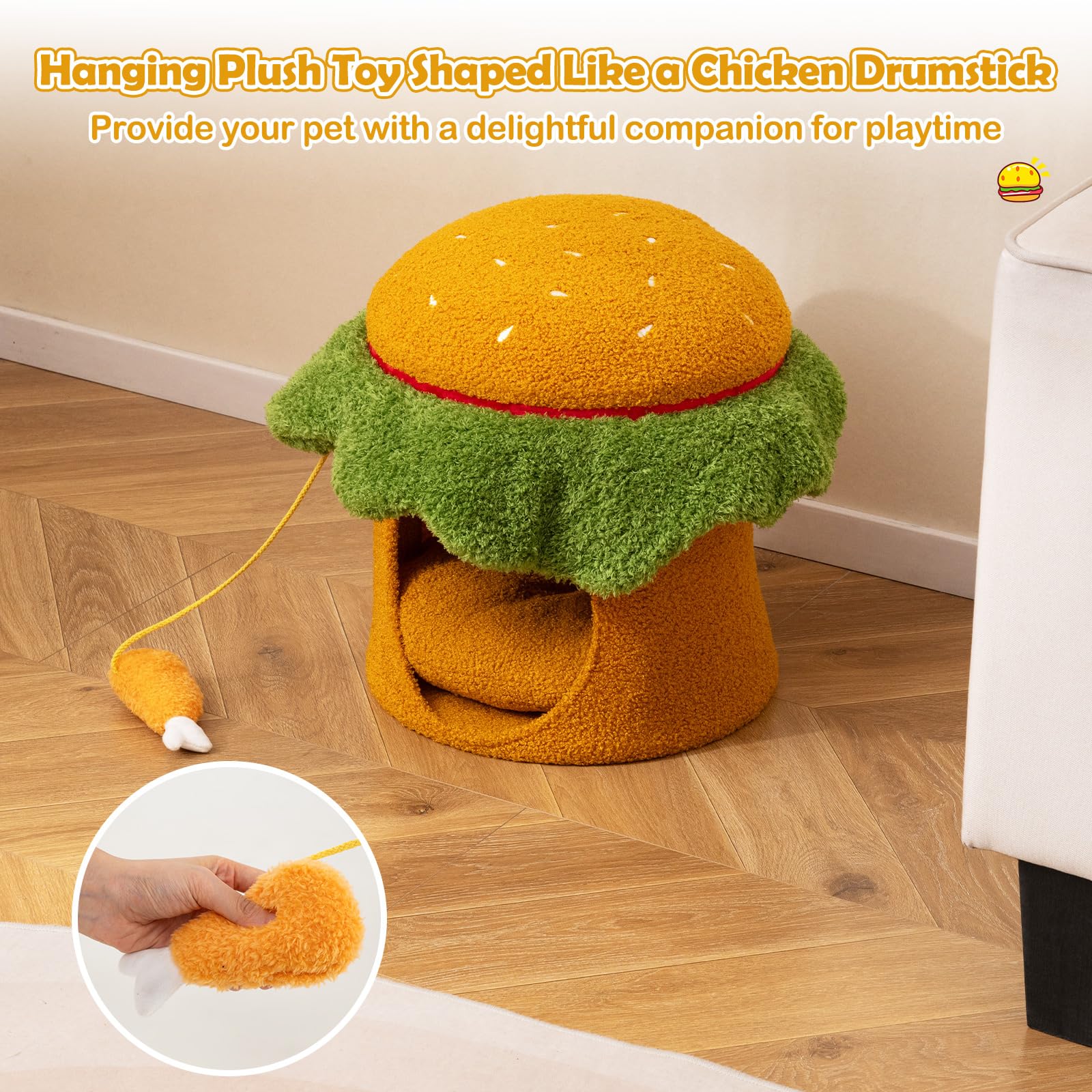 COSTWAY Cama para Gatos para Interior, Casa para Gatos en Forma de Hamburguesa con Percha Acolchada, Juguete Colgante de Peluche, Cojín Desmontable y Lavable, 37x37x41 cm, Cueva para Gato