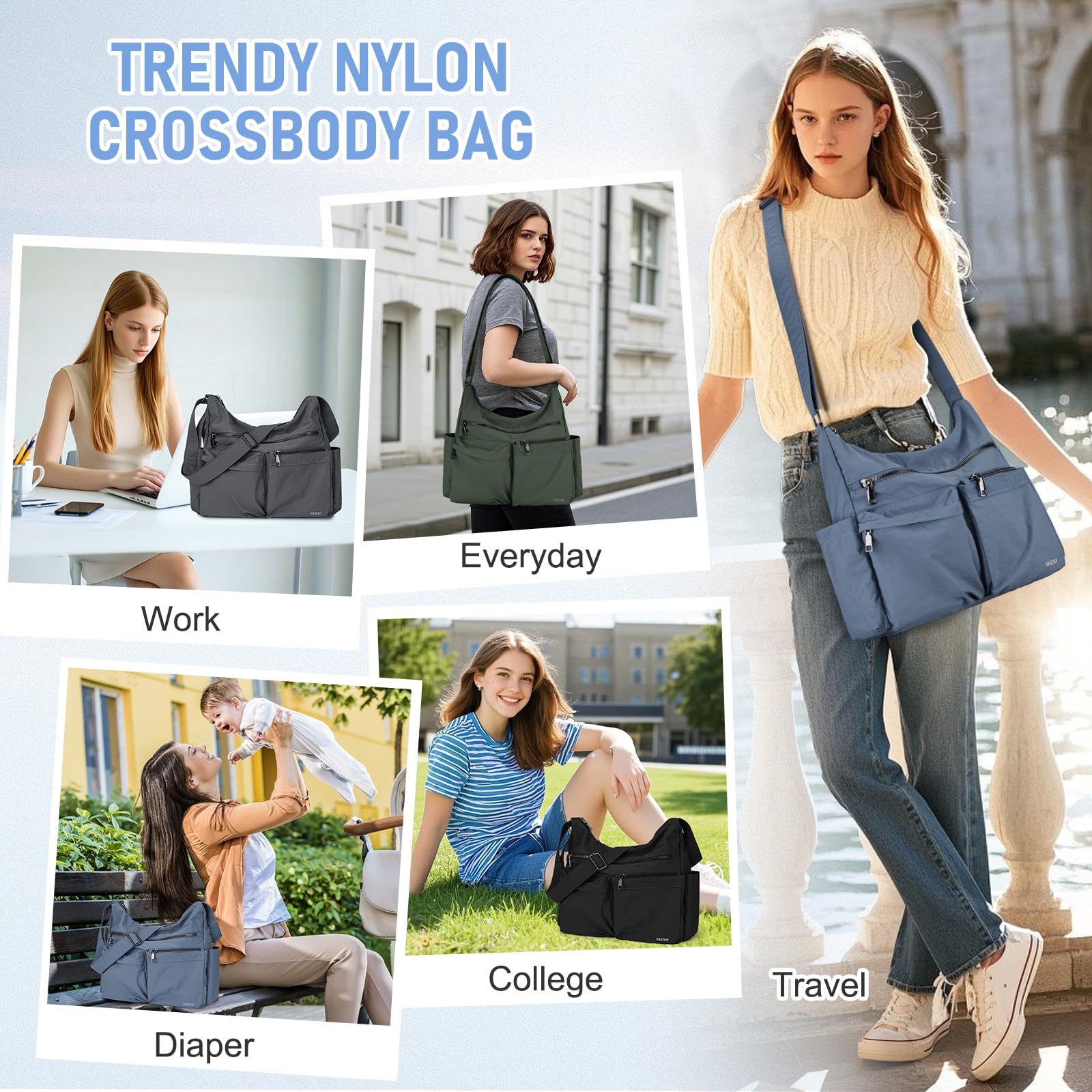 VASCHY Bolso Bandolera Mujer Ligero Impermeable, Bolso Universidad Mujer Casual Bolso Cruzado Múltiples Bolsillos con RFID Antirrobo para Oficina Colegio Viaje