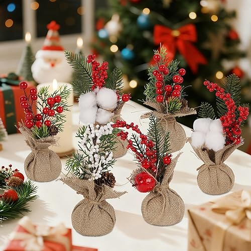 Miniatura 5 de winemana 6 piezas de mini decoración de mesa para árbol de Navidad, árboles artificiales pequeños de 8 pulgadas con bayas rojas, piña, centro de
