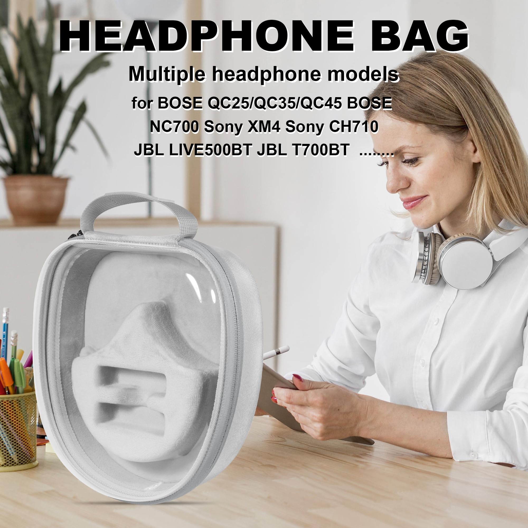 Kopfhörer-Aufbewahrungstasche, kompatibel mit Sony, Skullcandy, Plantronics, Bose, Beats, JBL, Sennheiser (grau, klein (transparent))