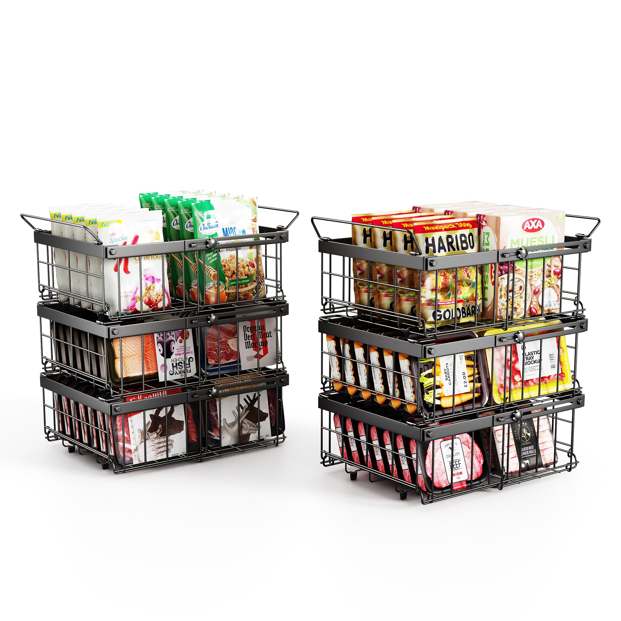 6er Stapelbar Gefriertruhe korb,gefriertruhe organizer verstellbar,gefrierschrank organizer,stapelkörbe,Schwarz, Ausziehbare Länge 29-46CM