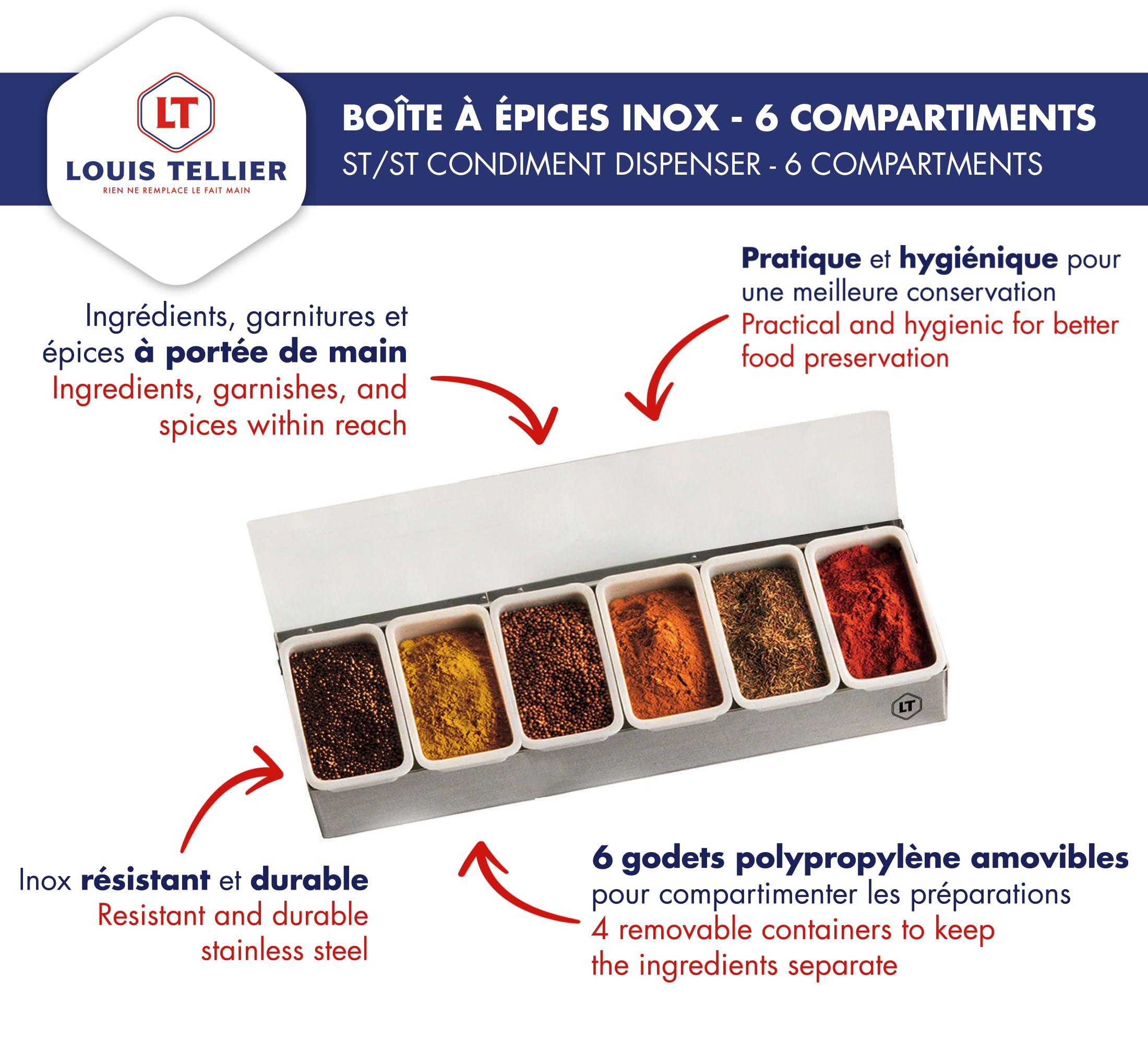 LOUIS TELLIER Boîte à épices 6 compartiments INOX Présentoir Distributeur pratique pour épices ingrédients garnitures Qualité professionnelle