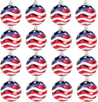 Iceyyyy 16 Pcs Independence Day Ball Ornament - 4th of July Patriotic Hanging Ball Decoration American Flag Ornament for Independence Day, Christmas Tree, USA Themed Party Supplies 16