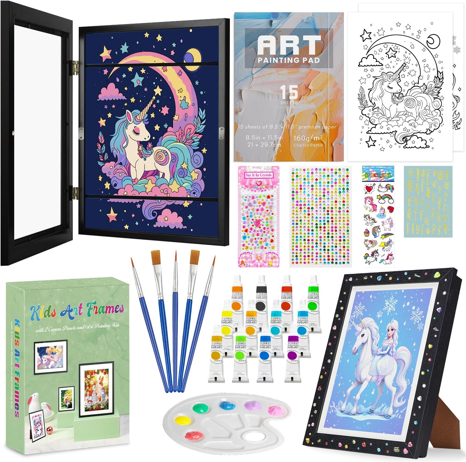 2 Pack Kids Art Frame with 25PCS Painting Supplies Kit, 8.3x11.7” A4 Front Opening Kids Artwork Frames Changeable w Acrylic Paint Set- Hold 150 Pcs, Display Storage, Girl DIY Art Project