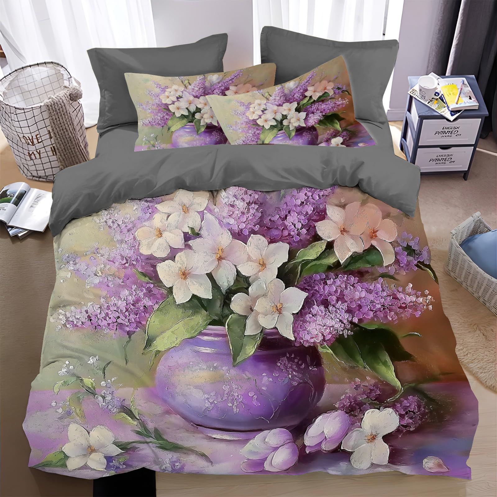 Housse de couette 200x200 fleurs violettes florales et parure de lit fermeture éclair