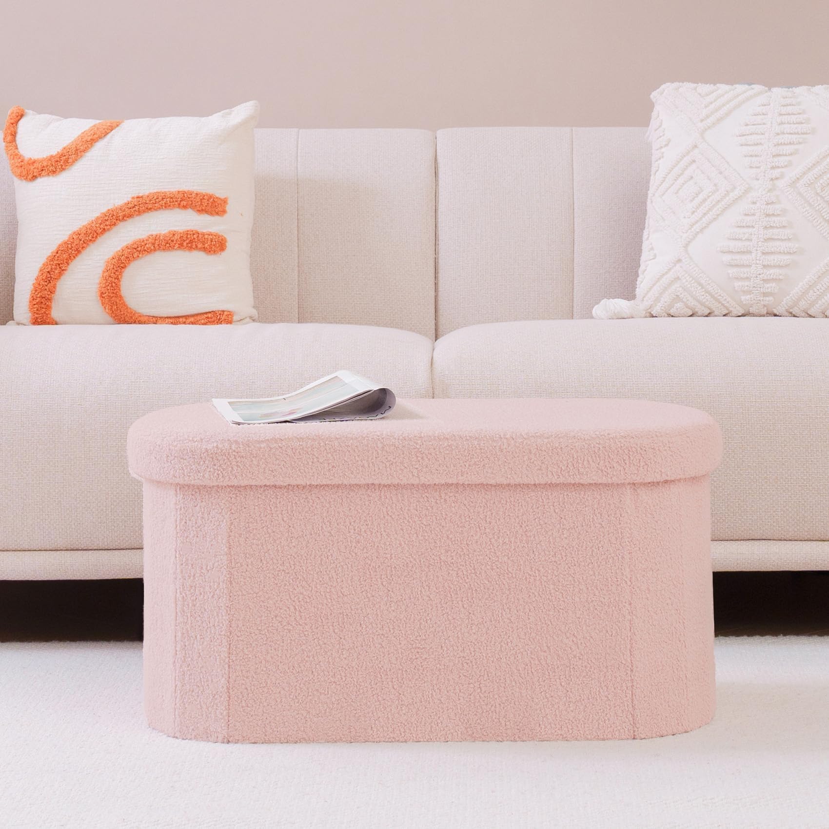 Bonlife Baúl Plegable,Puff Almacenaje, Taburete Reposapiés,Banco pie de Cama, para Sala de Estar, Dormitorio, Entrada, Rosa, Forma Ovalada,76x38x38 cm