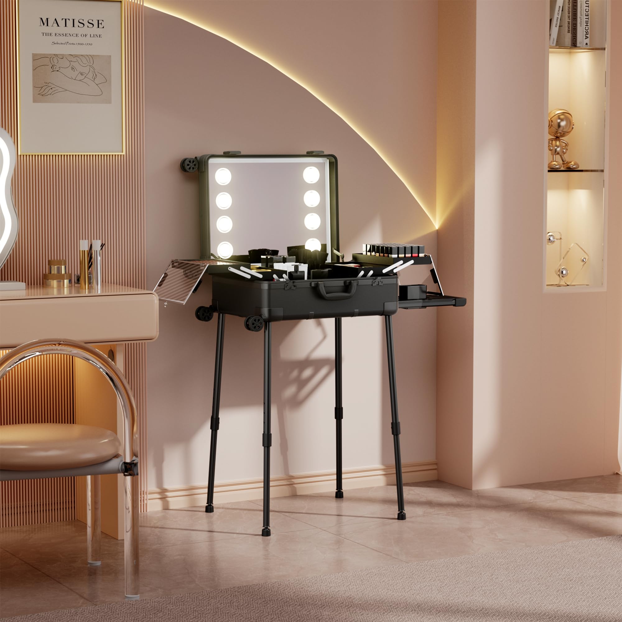 Valigetta Trucco con Rotelle in Alluminio, Grande Specchio con Illuminazione a LED, Organizzazione Cosmetici con Serratura a Combinazione, Stazione Trucco Pieghevole per Studio e Viaggio, Nera