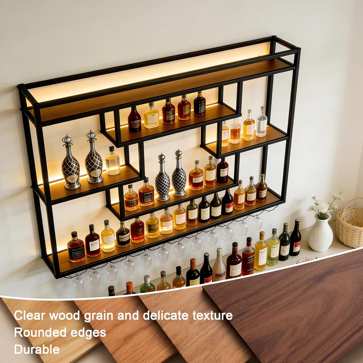 Wine Rack Wall Mounted with LED Lights, Large Capacity Metal & Wood Liquor Racks, Wine Bottles Display Shelf with Glasses Holder, Industrial Floating Bar Shelves for Home, Dining Room (55.1in)