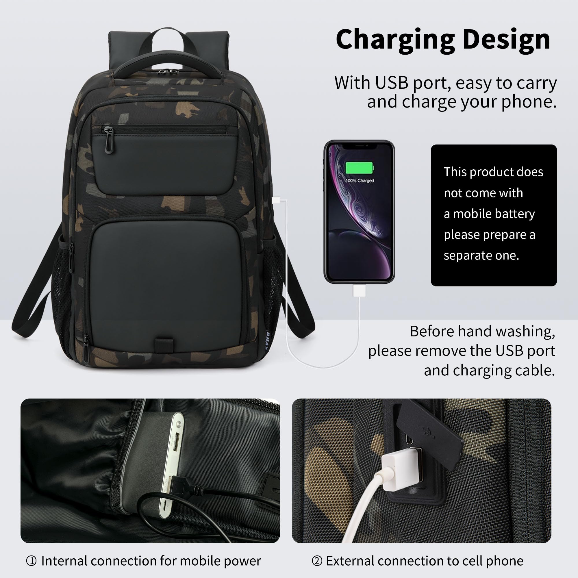 BJIAX 35 Litri Impermeabile 15.6 Pollici Zaino Uomo per PC Portatile con Caricatore USB Zaino da lavoro per Laptop, Computer, Notebook, Viaggio Regalo Uomo - Camouflage