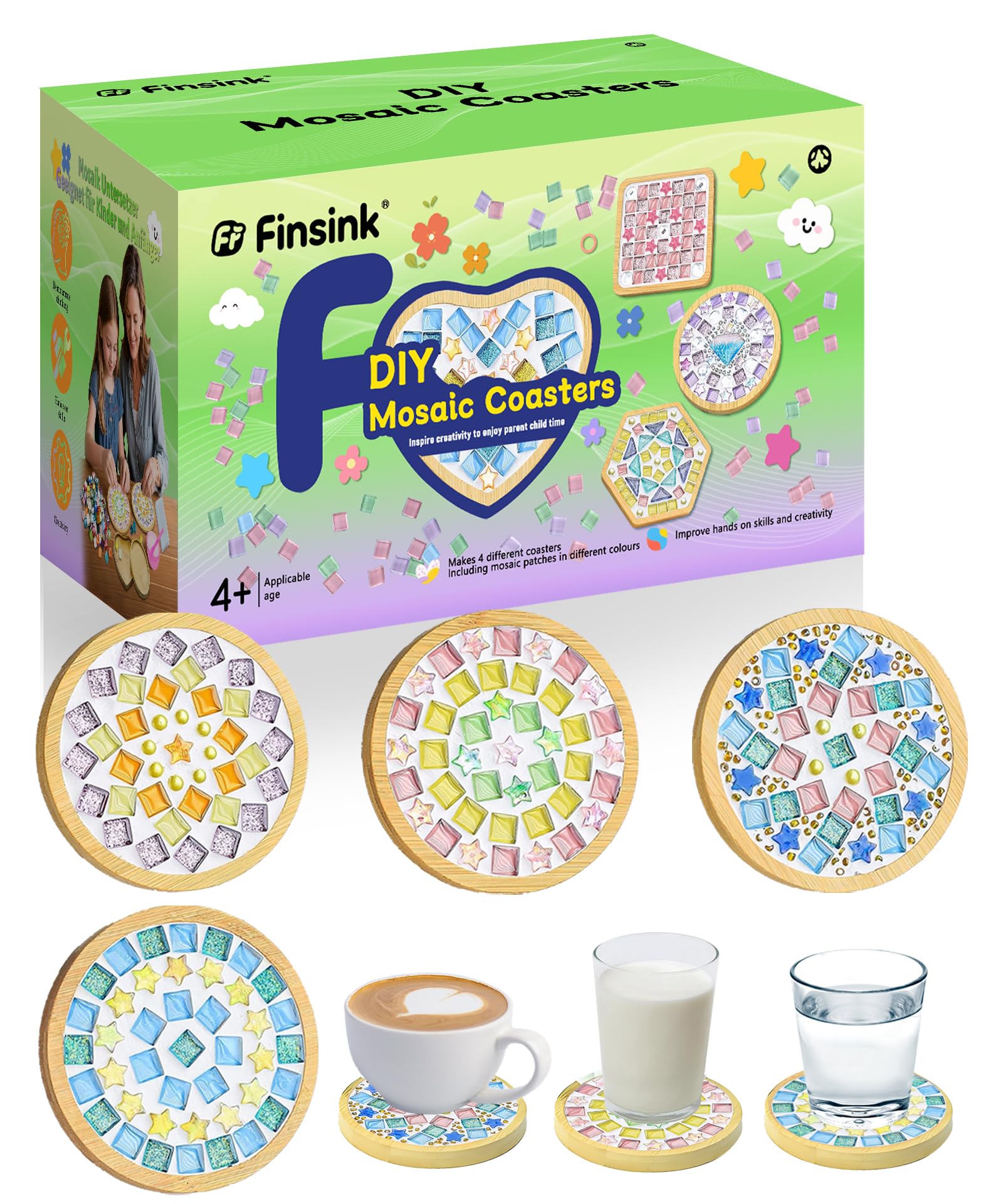 Finsink Mosaik bastelset kinder 4pcs mosaik untersetzer bastelset diy holz untersetzer Set Mosaiksteine zum basteln set Geburtstagsgeschenke für Kinder erwachsene