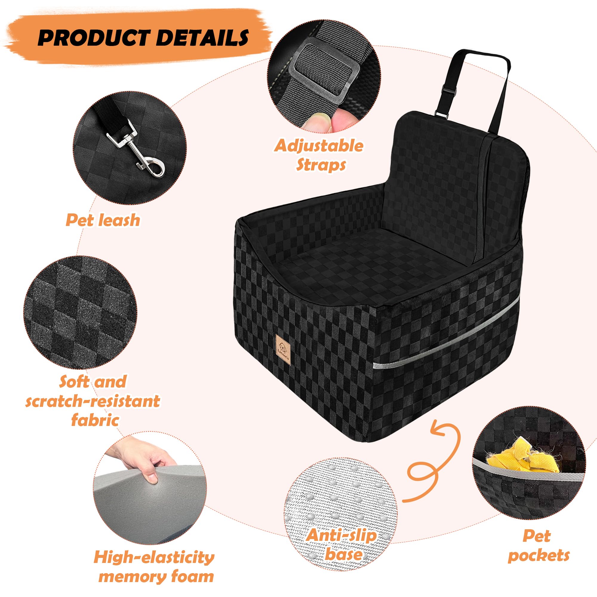 Dog Car Seat for Small and Medium Dogs Up to 35 lbs –Memory Foam Dog Booster Seat with Safety Leash & Storage Pockets, Fits Front & Back Car Seats, Removable Washable Cover – Black - image 3