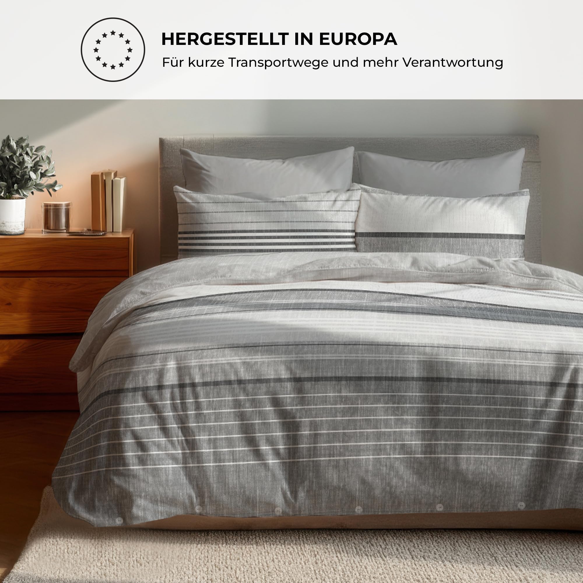 Pościel premium 135 x 200 – 100% bawełna, certyfikat Öko-Tex, Renforcé oddychająca i antyalergiczna, z zamkiem błyskawicznym, 2-częściowa poszewka na poduszkę 80 x 80 cm, szara, biała