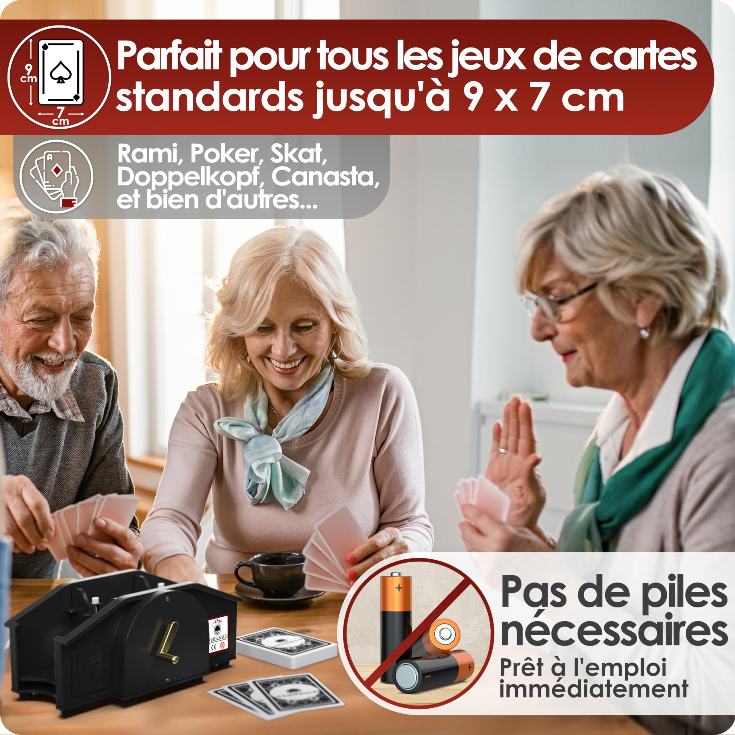 WEIDEBACH® Mélangeur de Cartes Noir avec Manivelle Dorée pour Jeux Standard, 2 Jeux & Manivelle de Rechange, Appareil de Mélange avec Li
