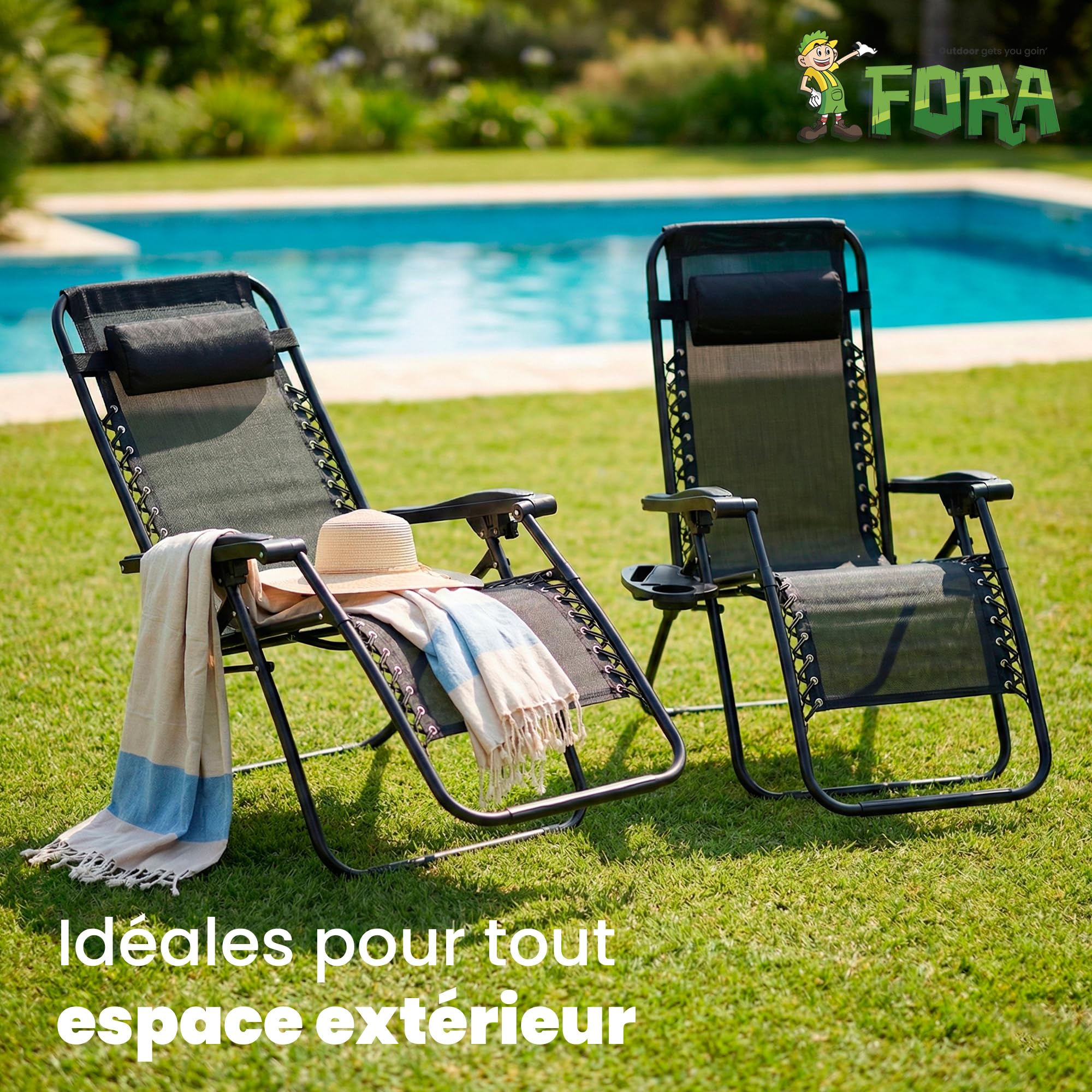 FORA Lot De 2 Chaises Longues de Jardin Pliables – 176×67×110 Cm, Tube 25mm et Toile Aérée, Noir, Inclinables avec Verrou De Sécurité, Coussin Inclus, Pliage Rapide, 120 Kg