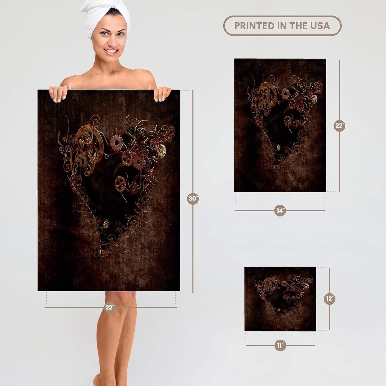 3dRose Decorated Brown steam Punk Heart 22x30 Bath Hand Pool Towel
