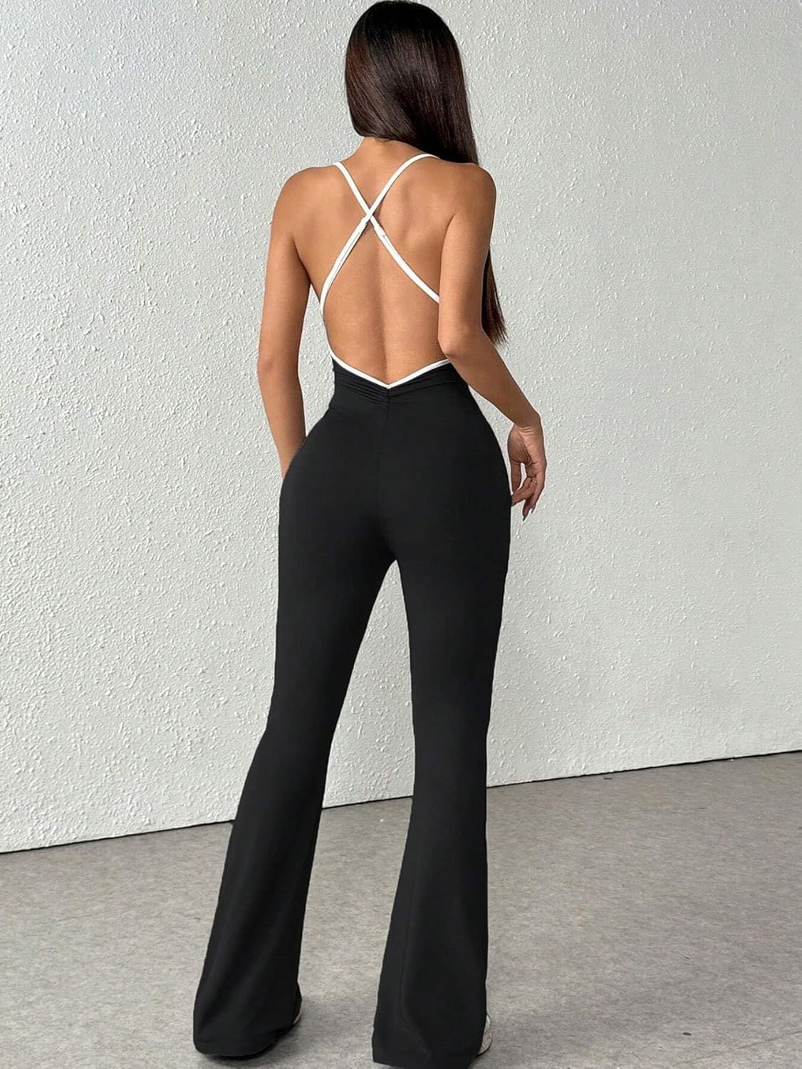 Women’s Ribbed Flare Leg Jumpsuit – One Piece Jumpsuits for Women Flare Workout Jumpsuit Wide Leg Bodysuit Backless - Image 5