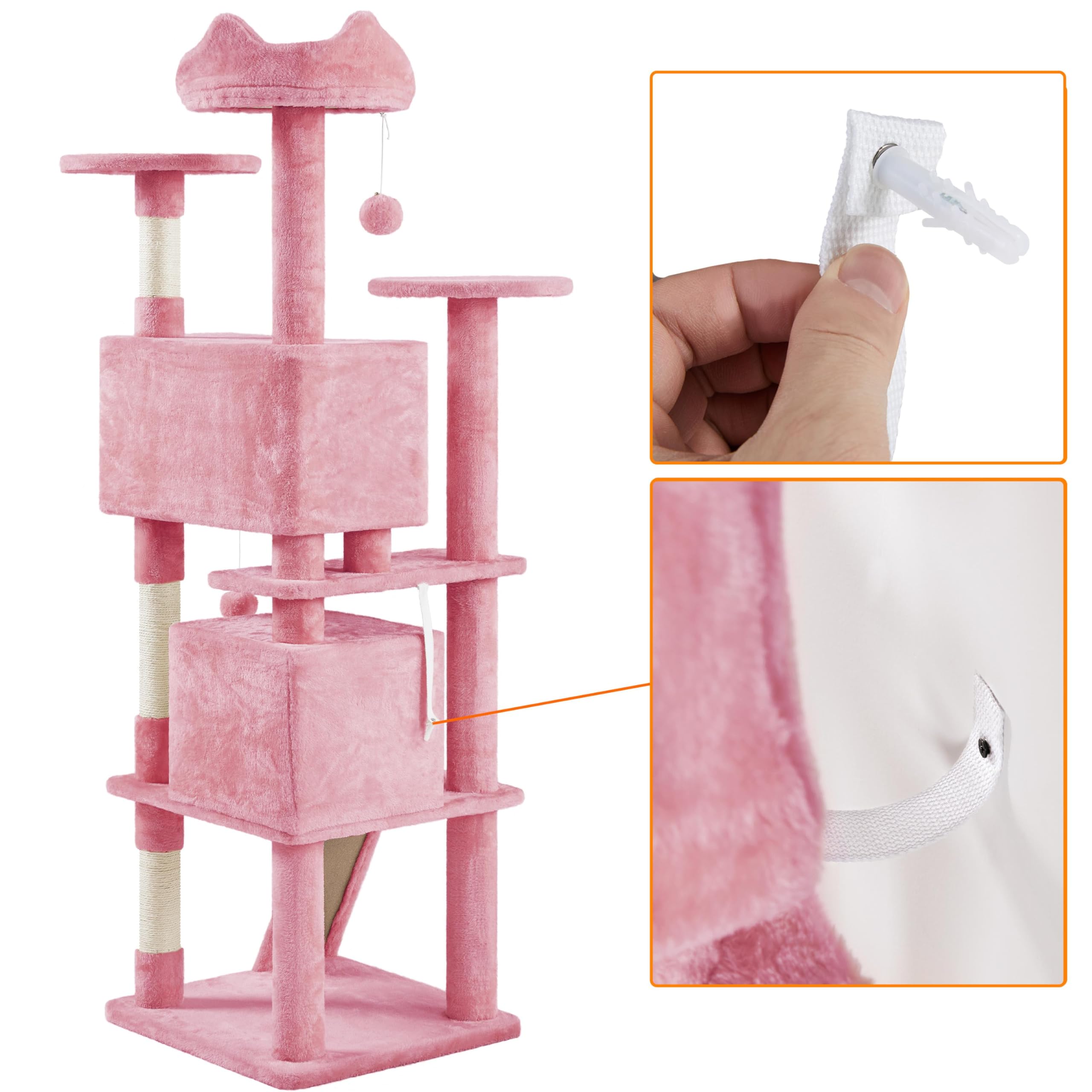 Yaheetech Árbol rascador Grande, 178 cm de Alto, árbol rascador para Gatos, Estable con 3 Plataformas, 3 columnas para rascar, 2 Cuevas, Bolas de Peluche, Muebles para Gatos, Color Rosa