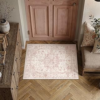 2x3 Washable Neutral Area Rug Pink Vintage Entryway Kitchen Carpet Non-S...
