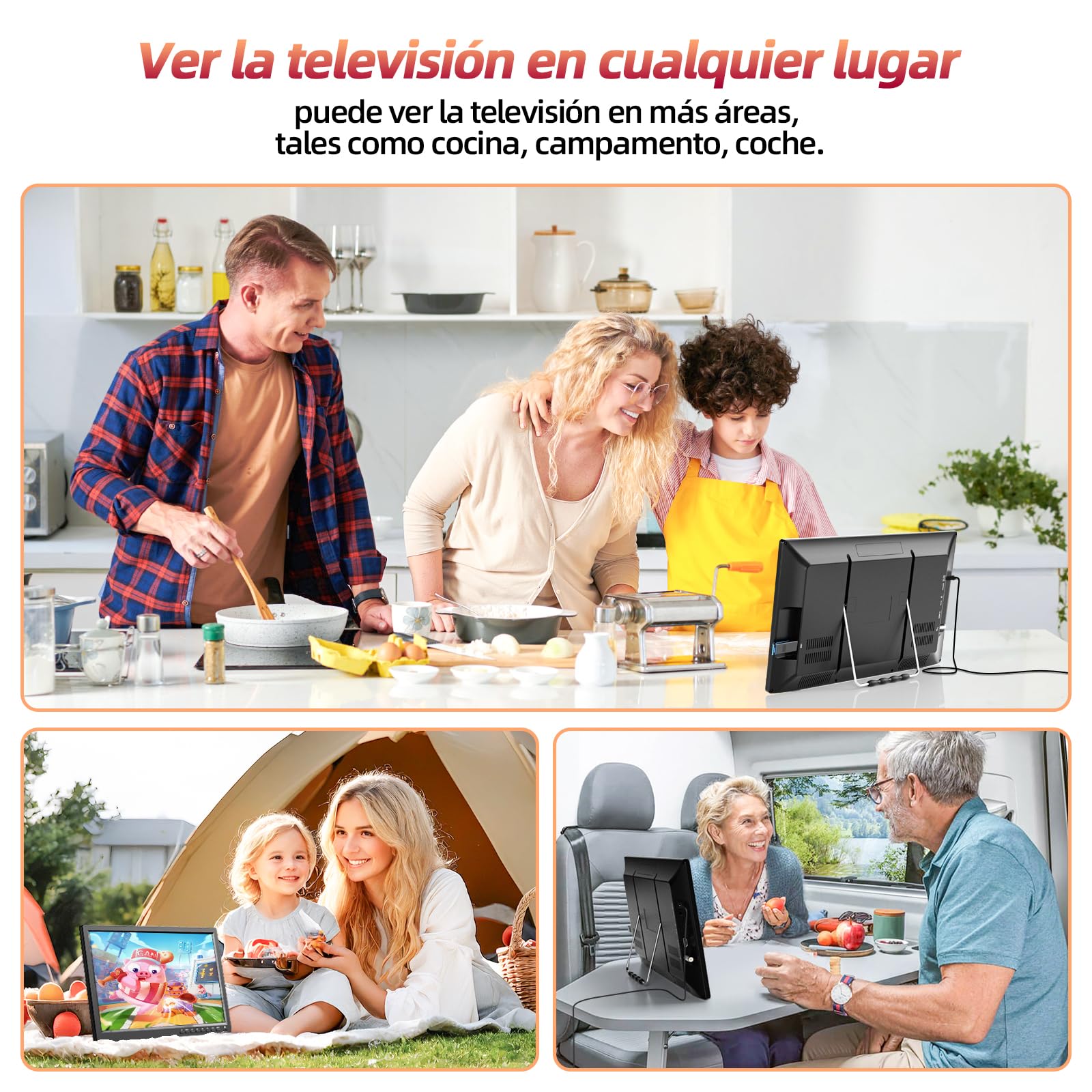 Desobry TV portátil de 15,6 pulgadas1080P Digital DVB-T2, Mini televisión con batería Recargable Que admite Entrada USB HDMI AV, TV de 12v con Cargador para Coche y Mando a Distancia y Antena