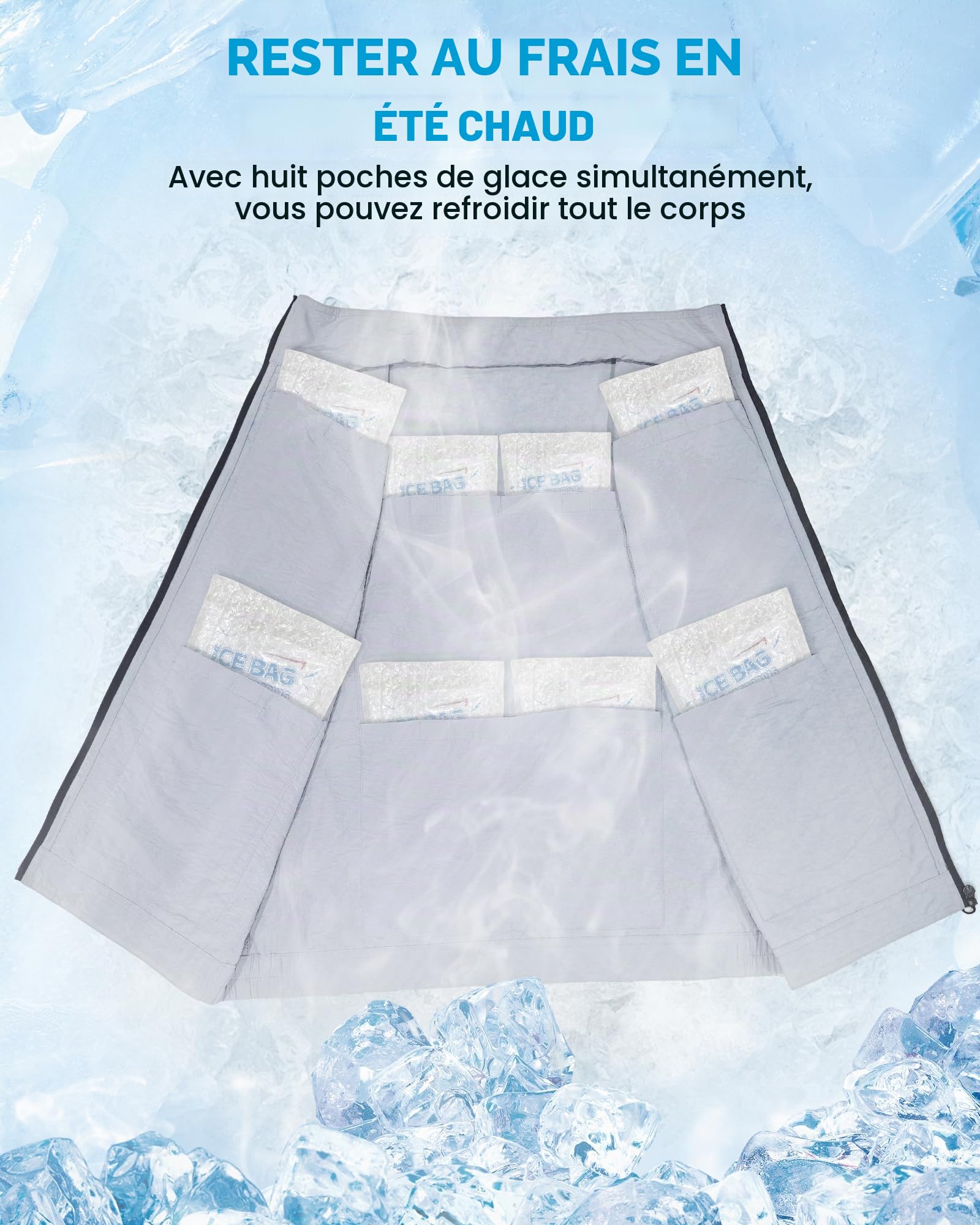 FERNIDA Gilet rafraîchissant, gilet de glace avec 24 poches de glace, pour hommes et femmes, sans manches en nylon, vêtements frais et respirants pour l'été, plein air, temps chaud, chasse, travail