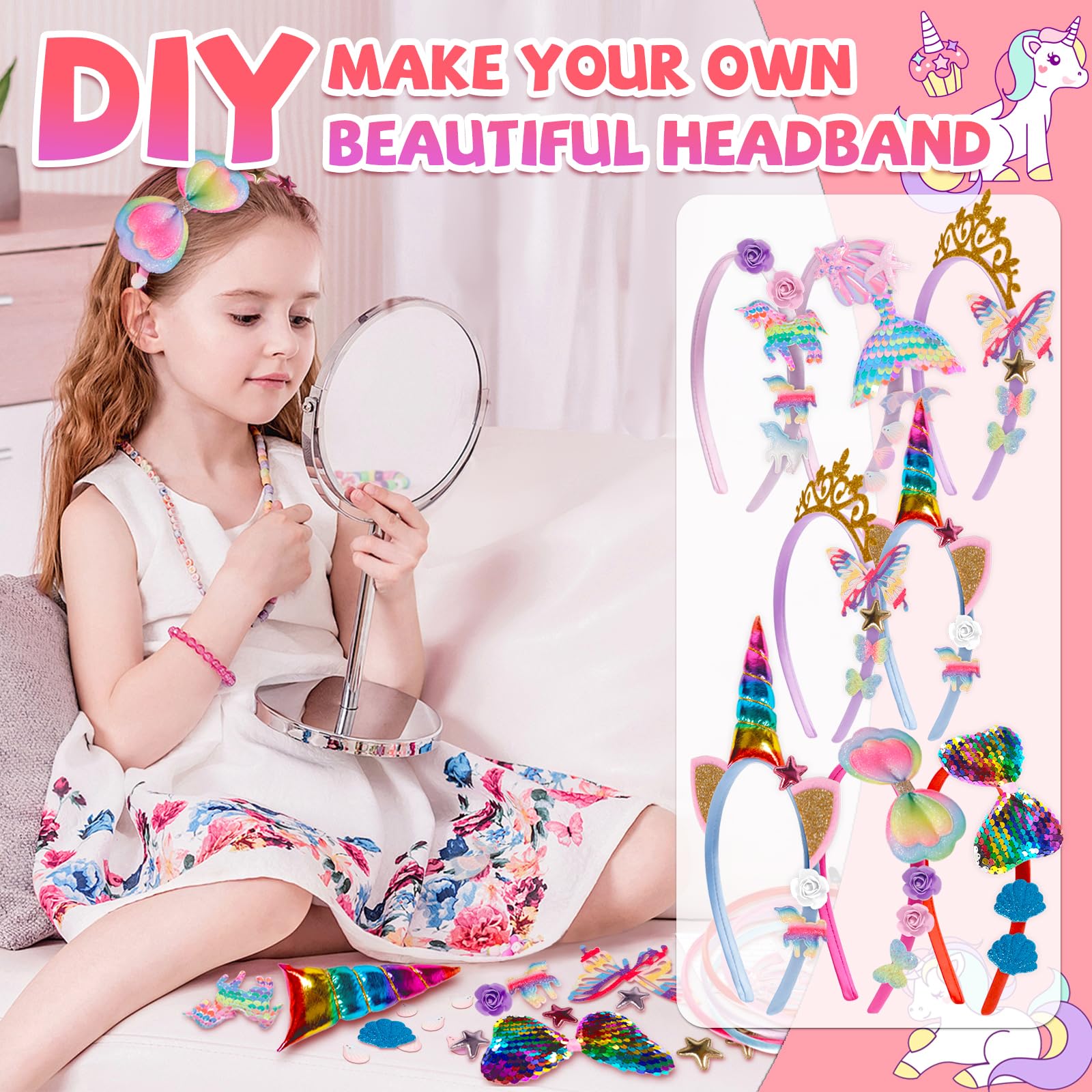 Kit Creazione Fasce Capelli Bambina - Set 48 Pezzi Con Unicorni, Fiori E Accessori Per Lavoretti 5-12 Anni - Foto 5