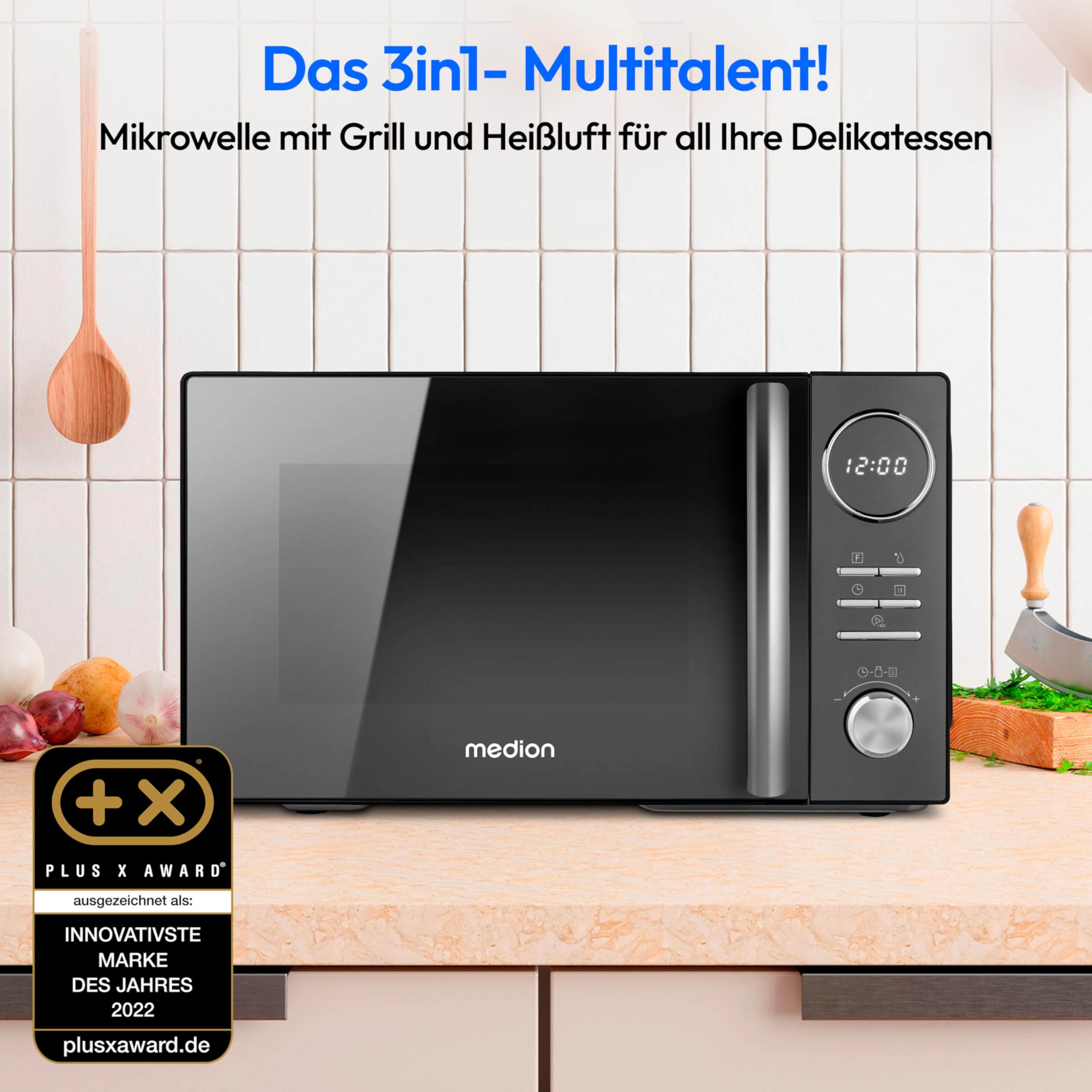 MEDION 3 in 1 Mikrowelle mit Grill und Heißluft Funktion (23 Liter, 900 Watt, 1.000 Watt Grill, 1.680 Watt Heißluft, 10 Automatikprogramme, Auftaufunktion, Display, MD11493) schwarz