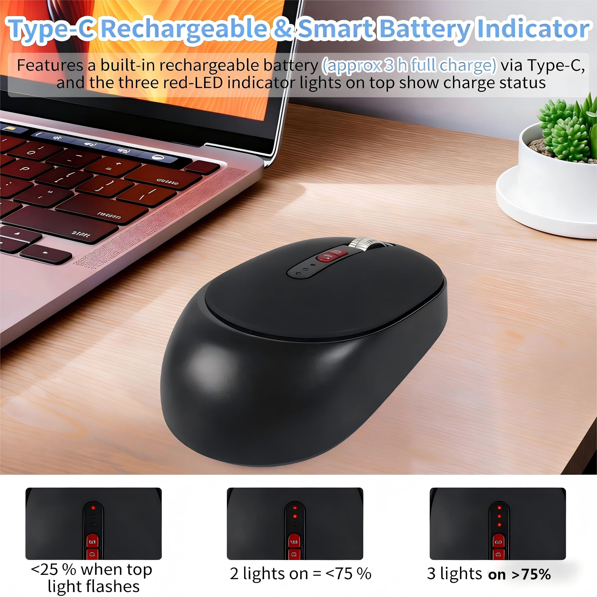 Dual Mode Wireless Bluetooth Maus - USB-C & USB-A Empfänger, wiederaufladbar Silent Click für Laptop, Tablet, PC - Perfekt für Studenten & Profis, reisefreundlich (Schwarz)