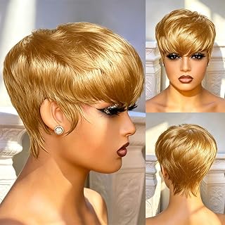 Short Pixie Cut Wig for Black Women Human Hair Honey Blonde Glueless Wig Short Layered Style with Bangs Fashion Girl's Wig Brazilian Virgin Human Hair Wigs Wear and Go for Festival Party Daily Use