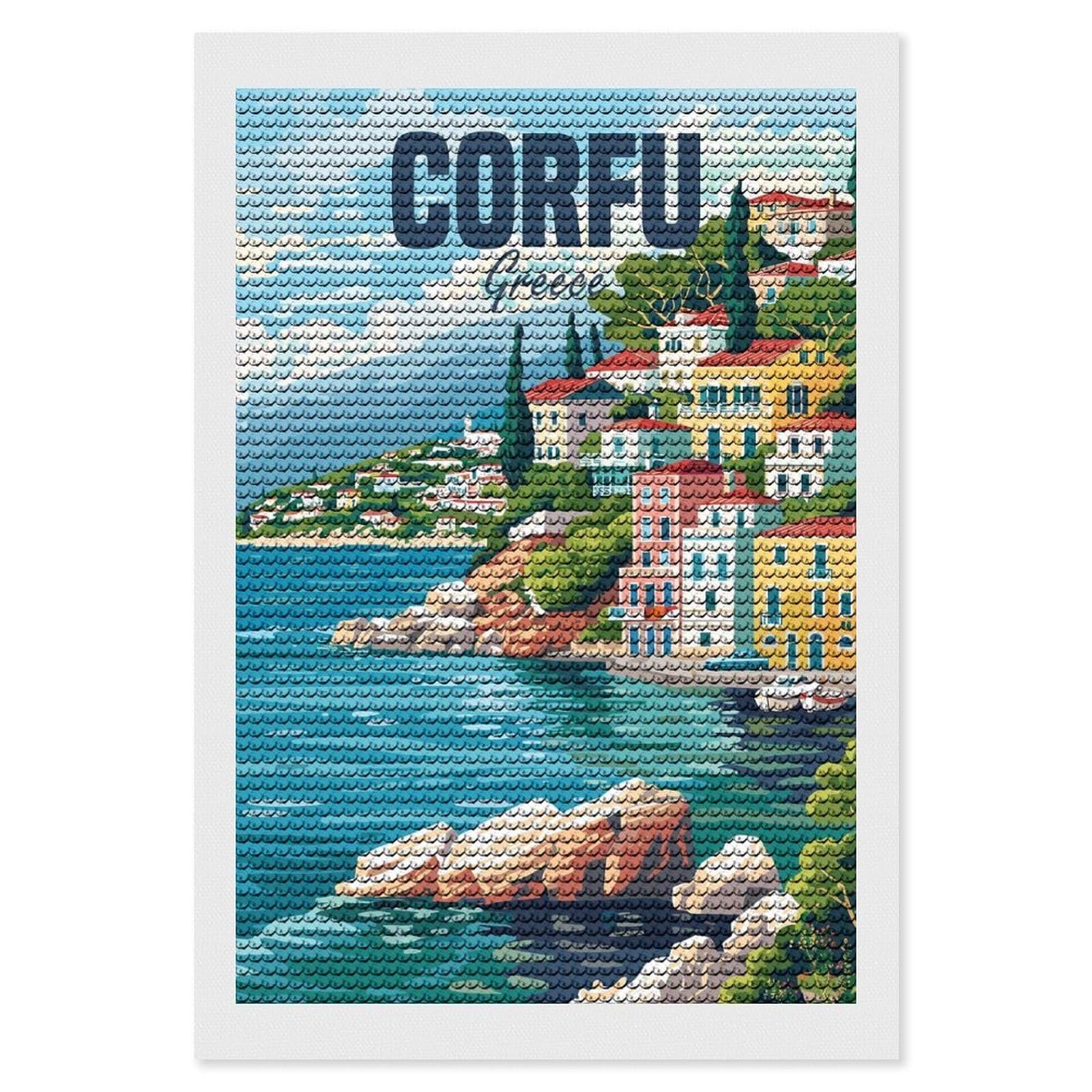 Junmoney Corfu Greece Island Diamond Art Canvas 8"x12", for Adults, Printed Canvas, Home Wall Decor, Gift Idea, Mindful Craft Activity