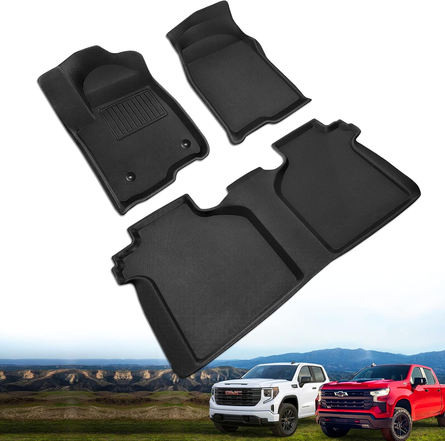DiffCar for 2019-2021 2022 2023 GMC Sierra/Chevy Silverado Floor Mats,2020 2021 2022 2023 GMC Sierra/Chevy Silverado 2500HD/3500HD Crew Cab,Front Bucket Seat&Rear Row with Factory Carpeted Storage box