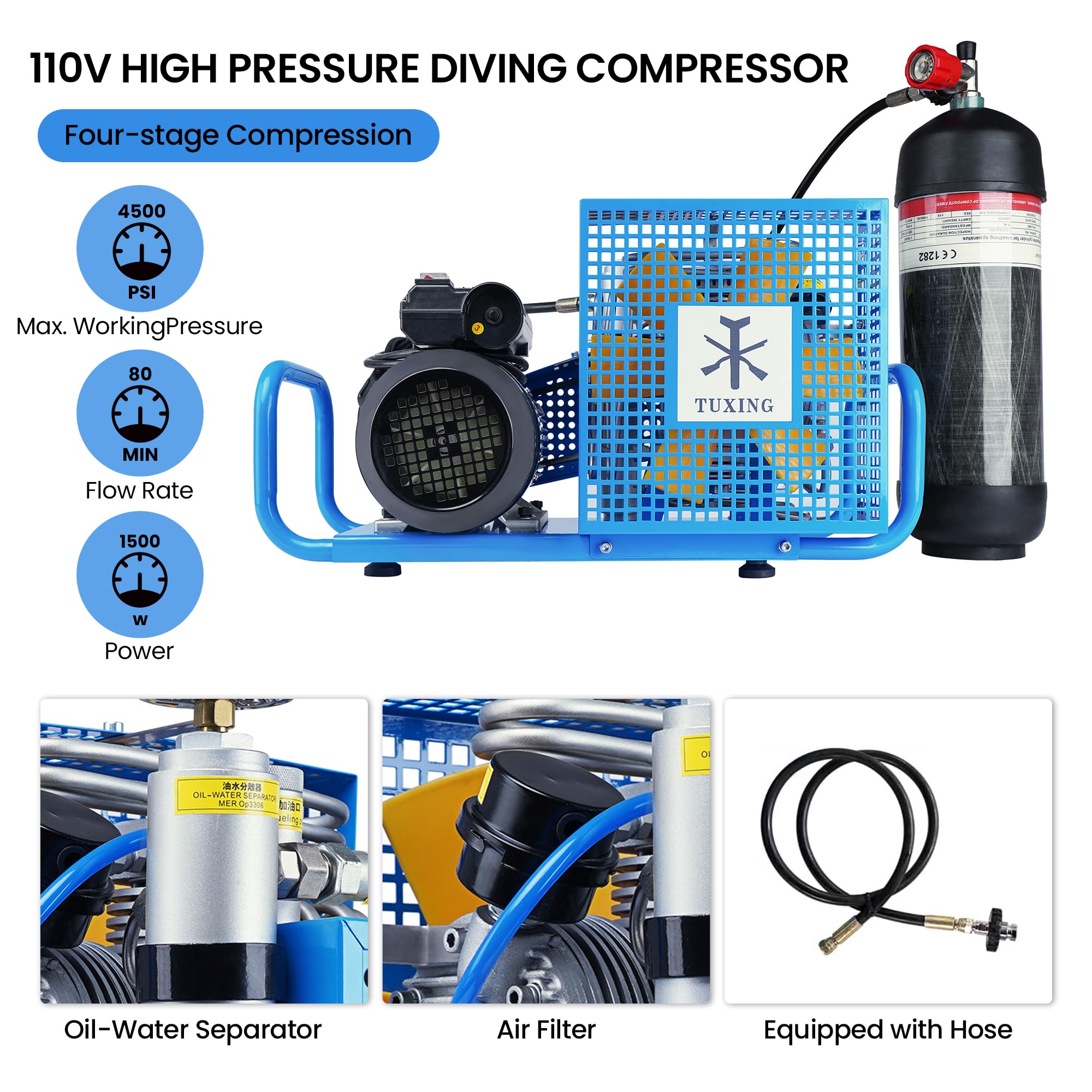 TUXING Compressore d'aria PCP 4500 PSI 300 Bar Alta Pressione per Bombole Immersione Fucile Pistola Paintball