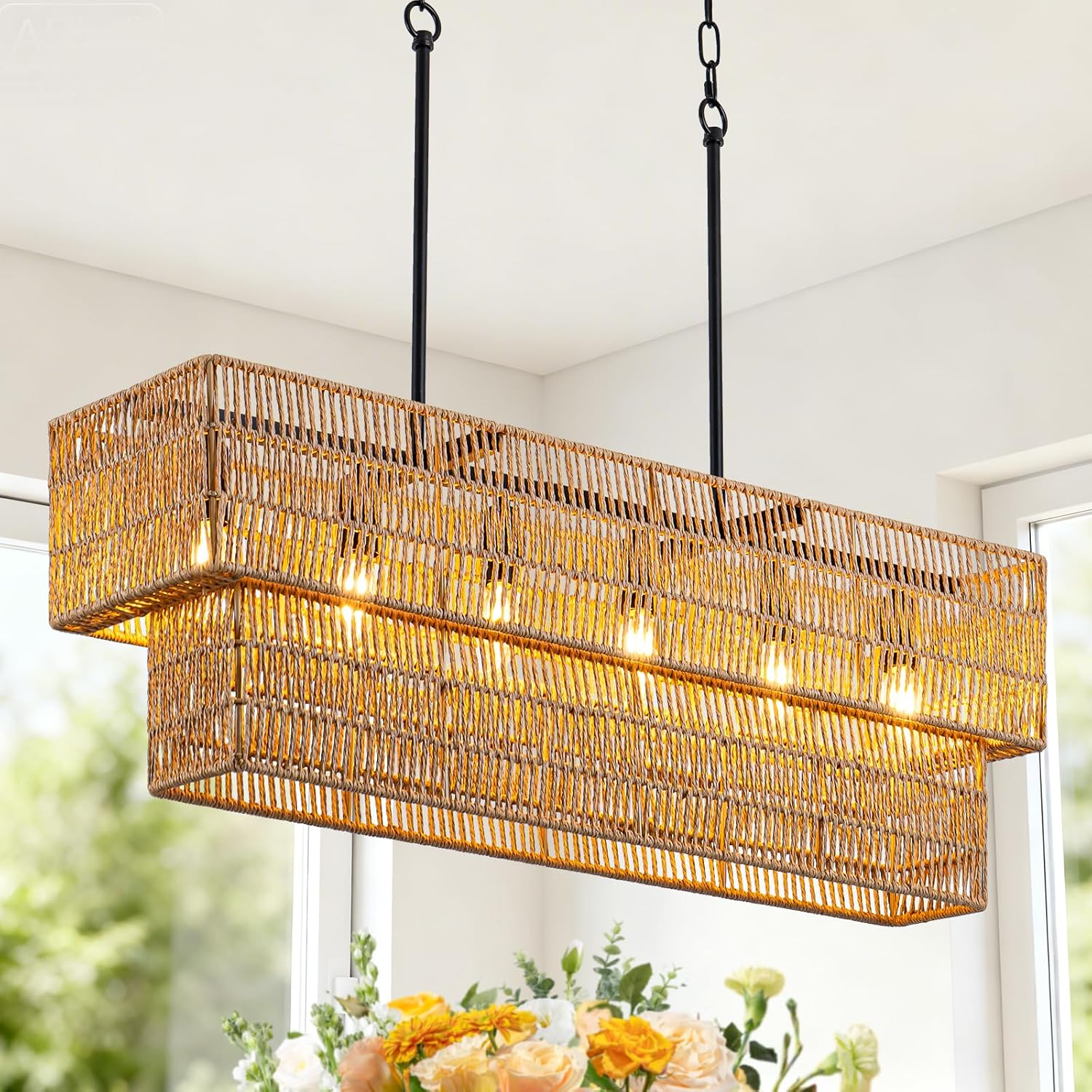 VESPERIX 40" Large Rattan Chandelier, 8-Light Boho Chandelier for Dining Room Lighting Fixtures, Rectangle Handwoven Hanging Light for Kitchen Island, Bedroom, Foyer, Living Room (Bulb Not Included)