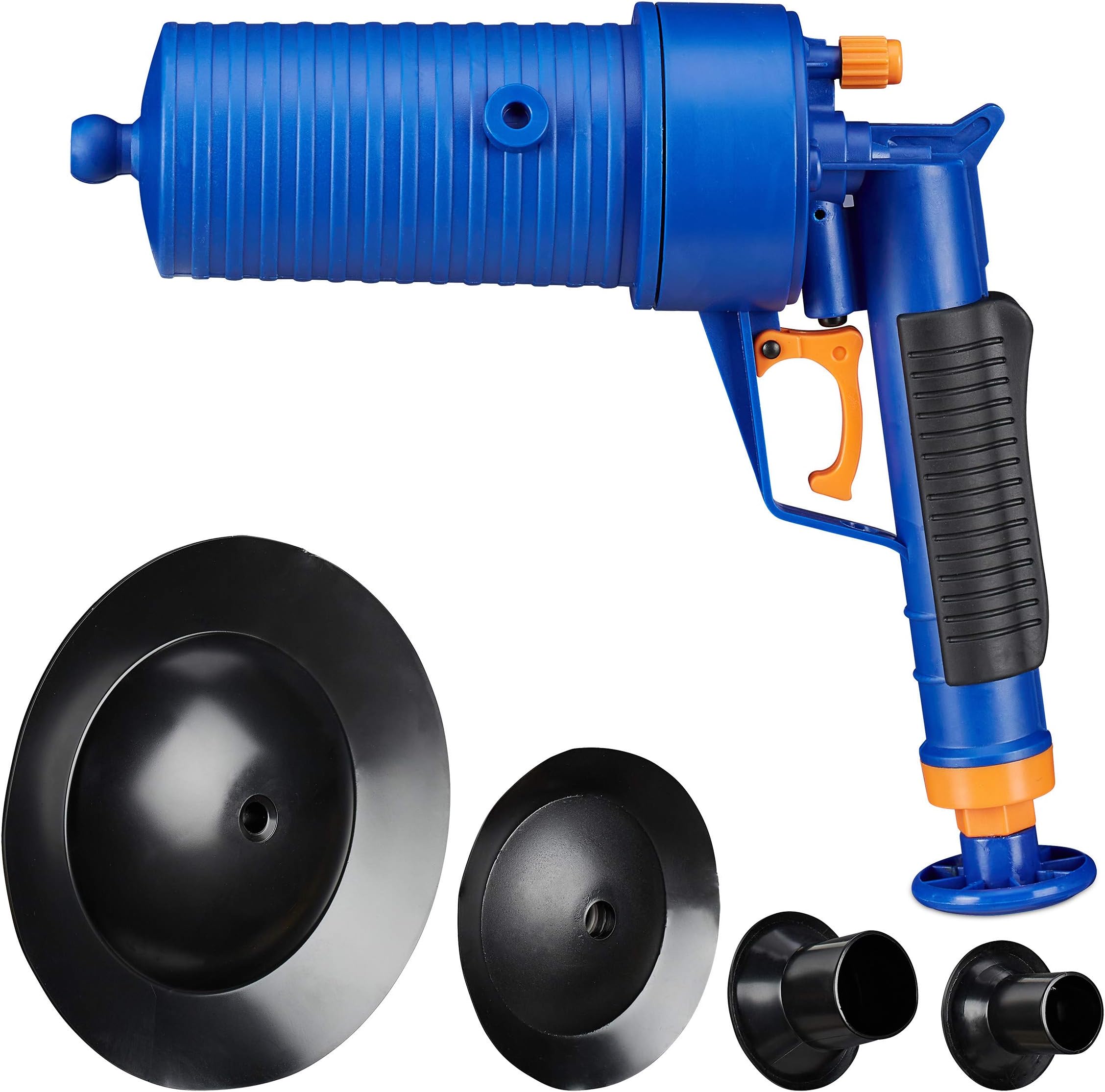 Relaxdays Drain Cleaner, Compressed Air Pipe Unblocker, Bathroom & Kitchen, 4 Attachments, Without Chemicals, Blue