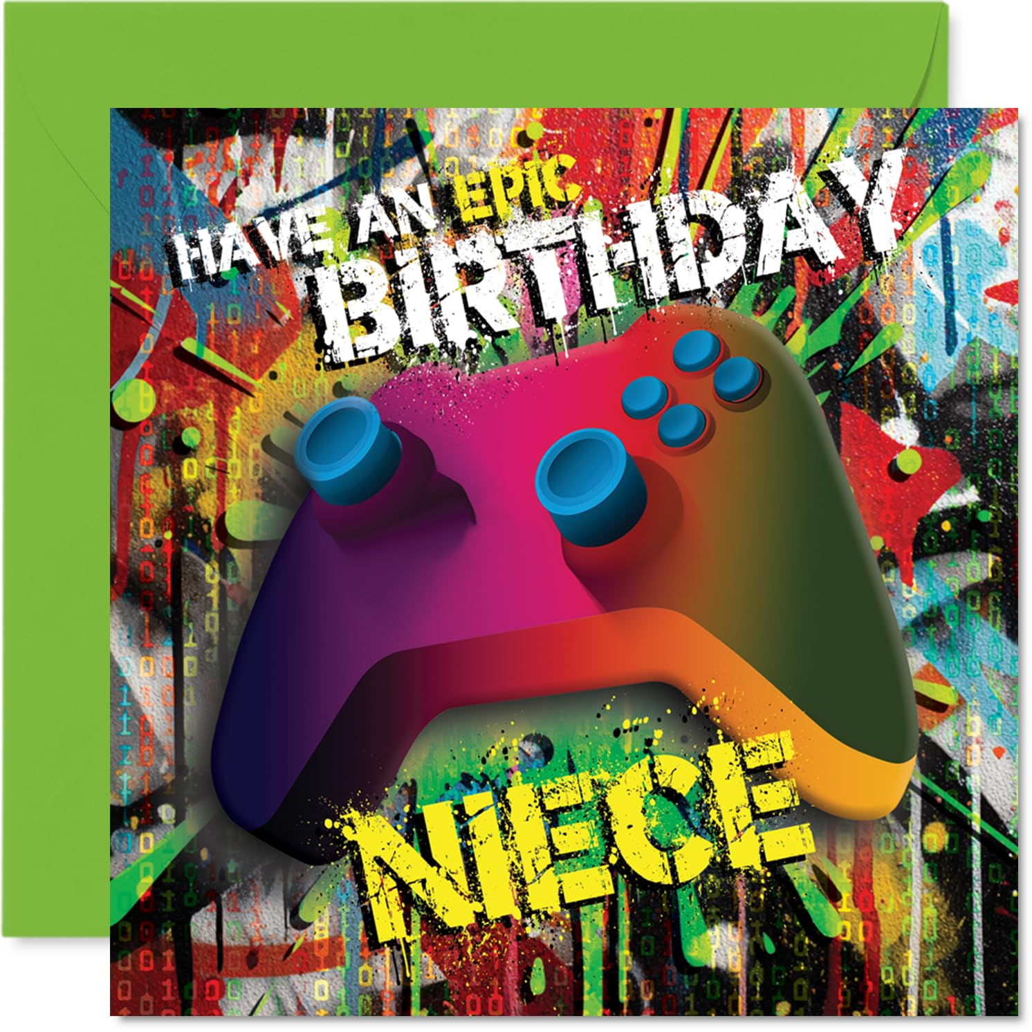 Playful Birthday Card for Niece - Level Up the Laughs - Vibrant Gaming Controller and Graffiti-style Background - 145mm Square, Envelope Included