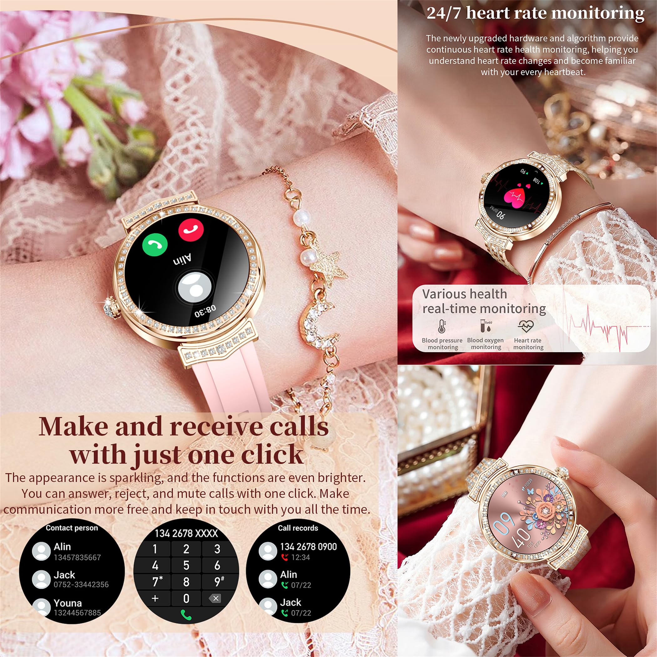 Montre intelligente pour femme avec appels Bluetooth, écran tactile AMOLED de 1,32 pouces, 5 ATM, montre de fitness avec mesure de la pression artérielle SpO2, fréquence cardiaque, podomètre